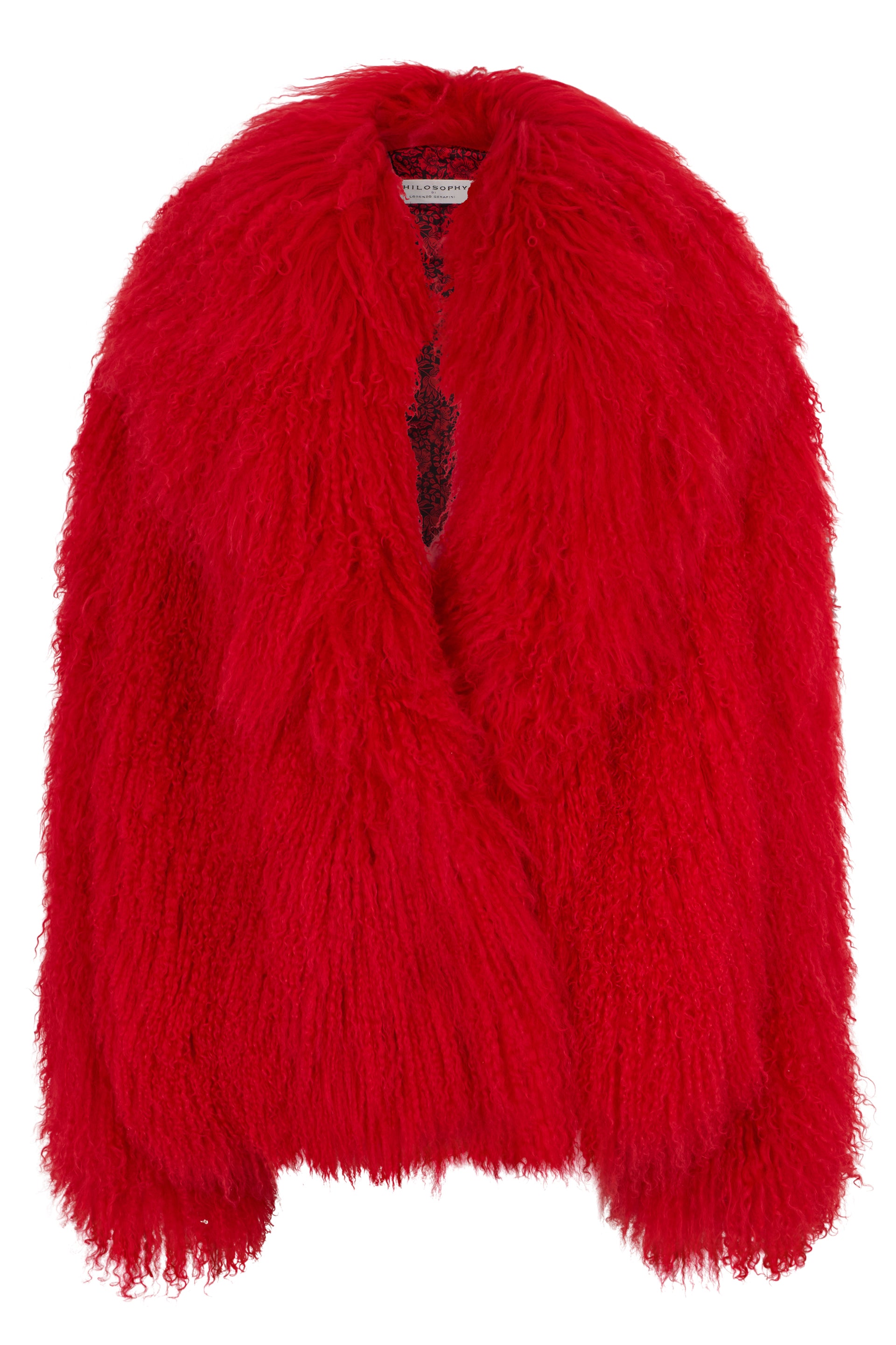 Red fur with an oversized cut, minimal and versatile.