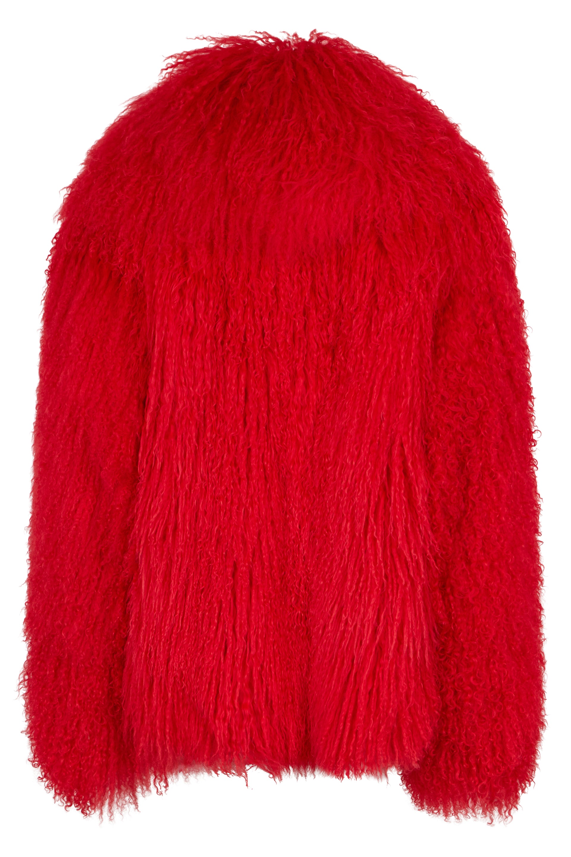 Red fur with an oversized cut, minimal and versatile.