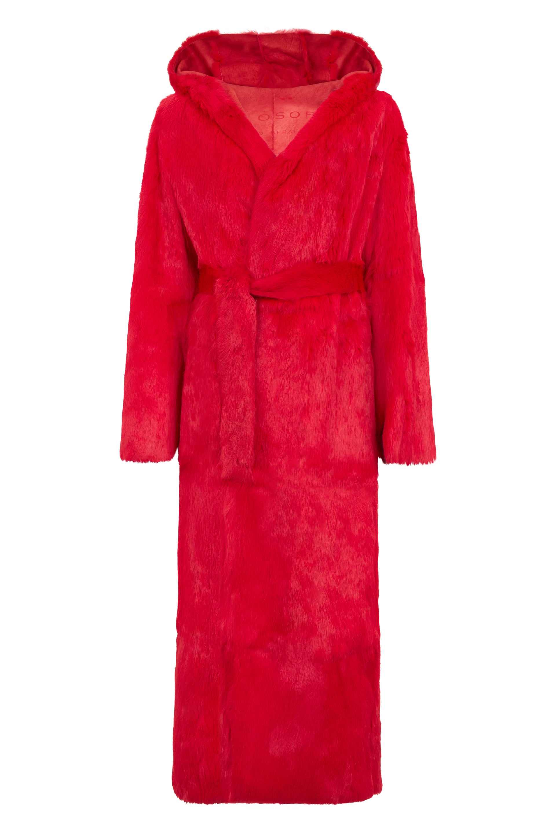 Red synthetic fur coat with hood and belt.