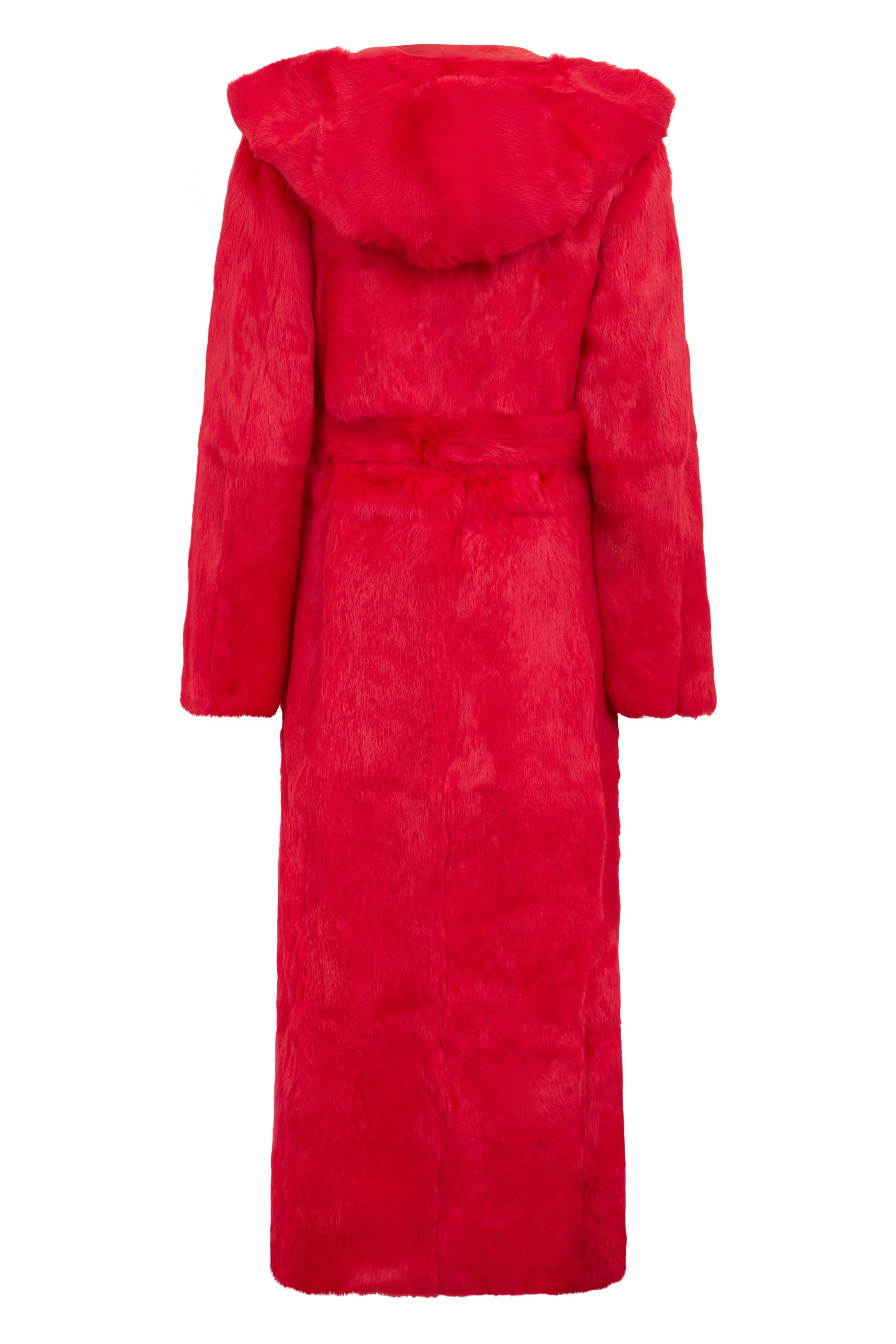Red synthetic fur coat with hood and belt.