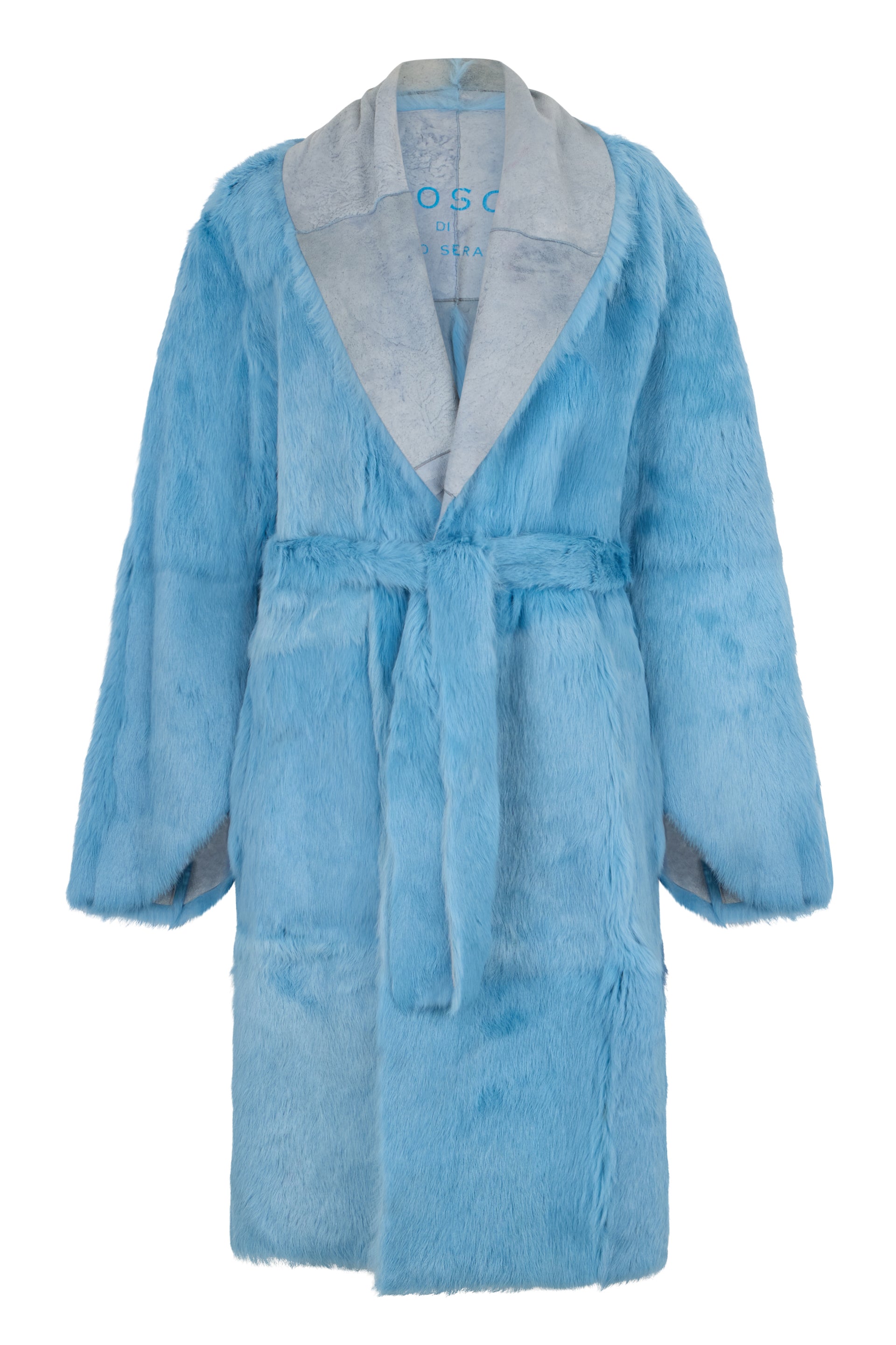 Synthetic fur coat in light blue shade with a loose and comfortable fit.