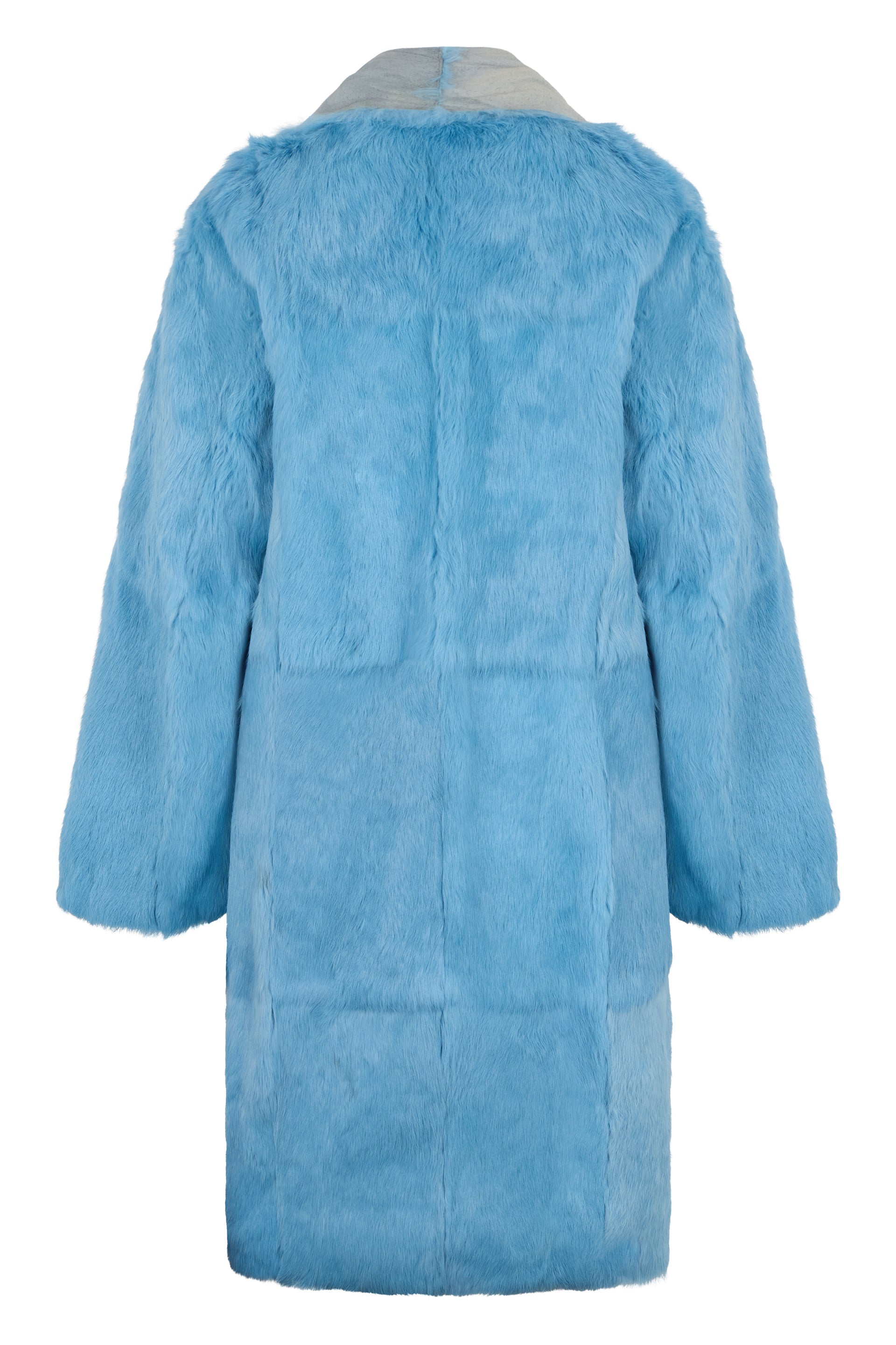 Synthetic fur coat in light blue shade with a loose and comfortable fit.