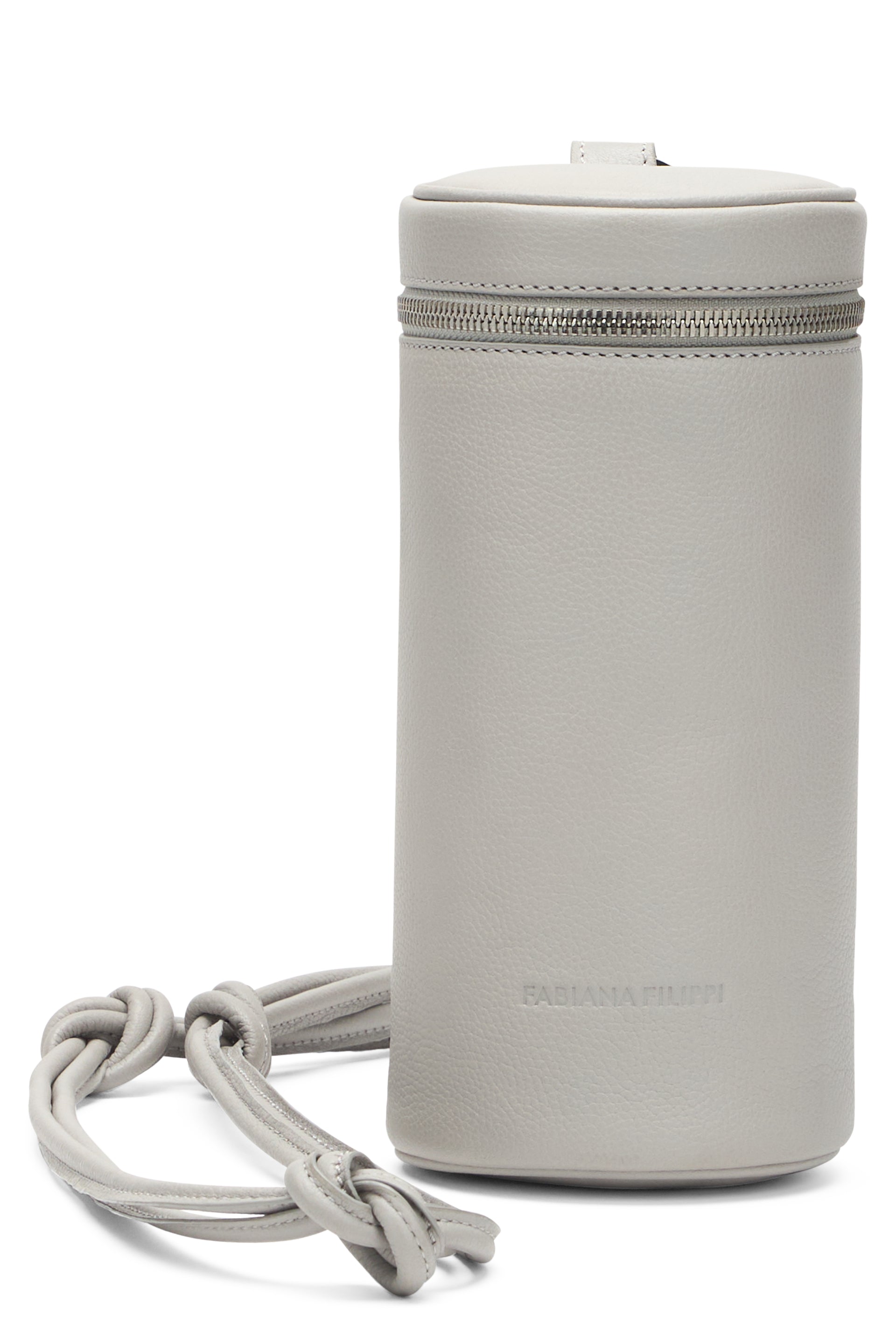 Light gray bucket bag, elegant and minimalist.