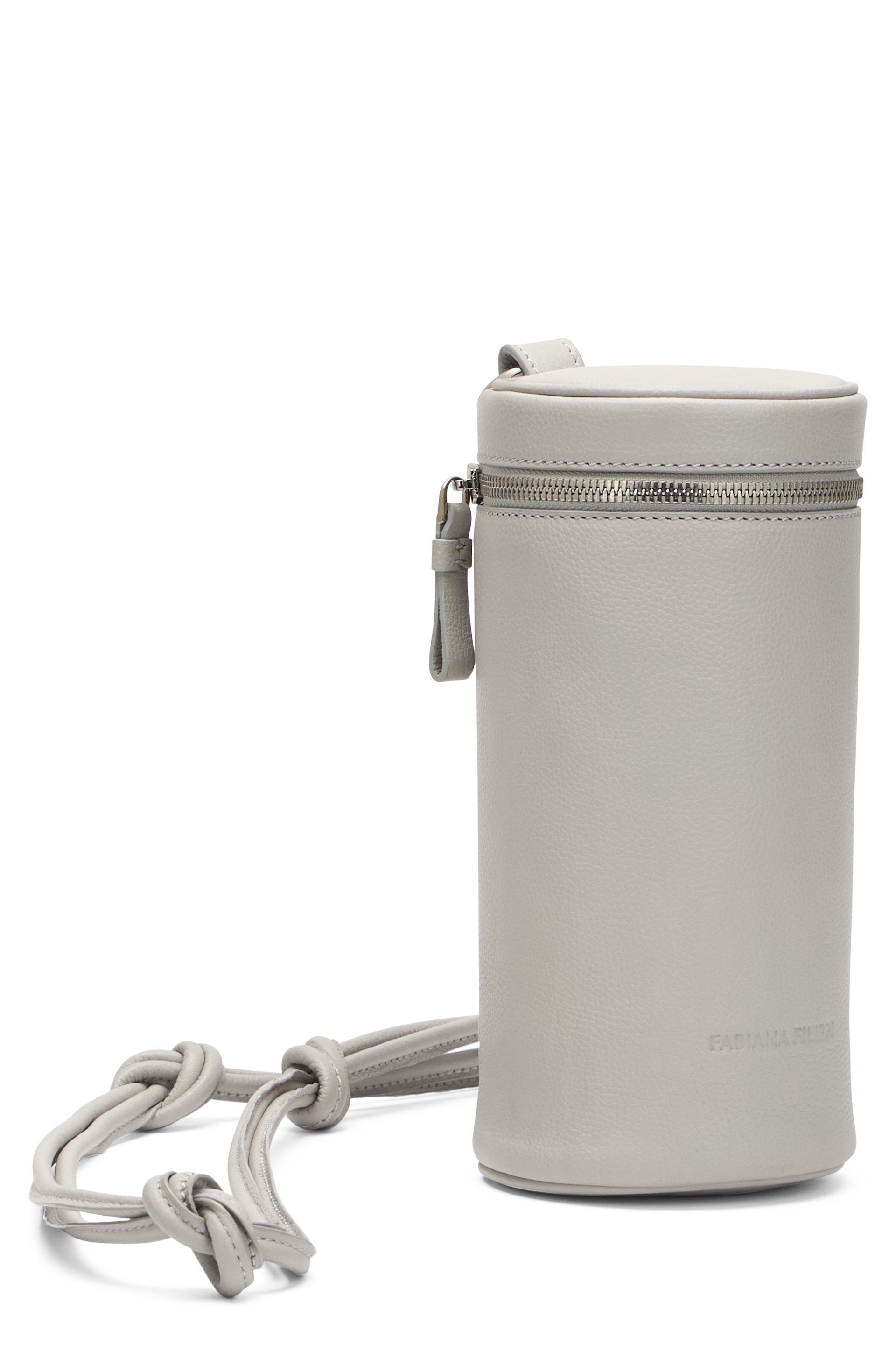 Light gray bucket bag, elegant and minimalist.