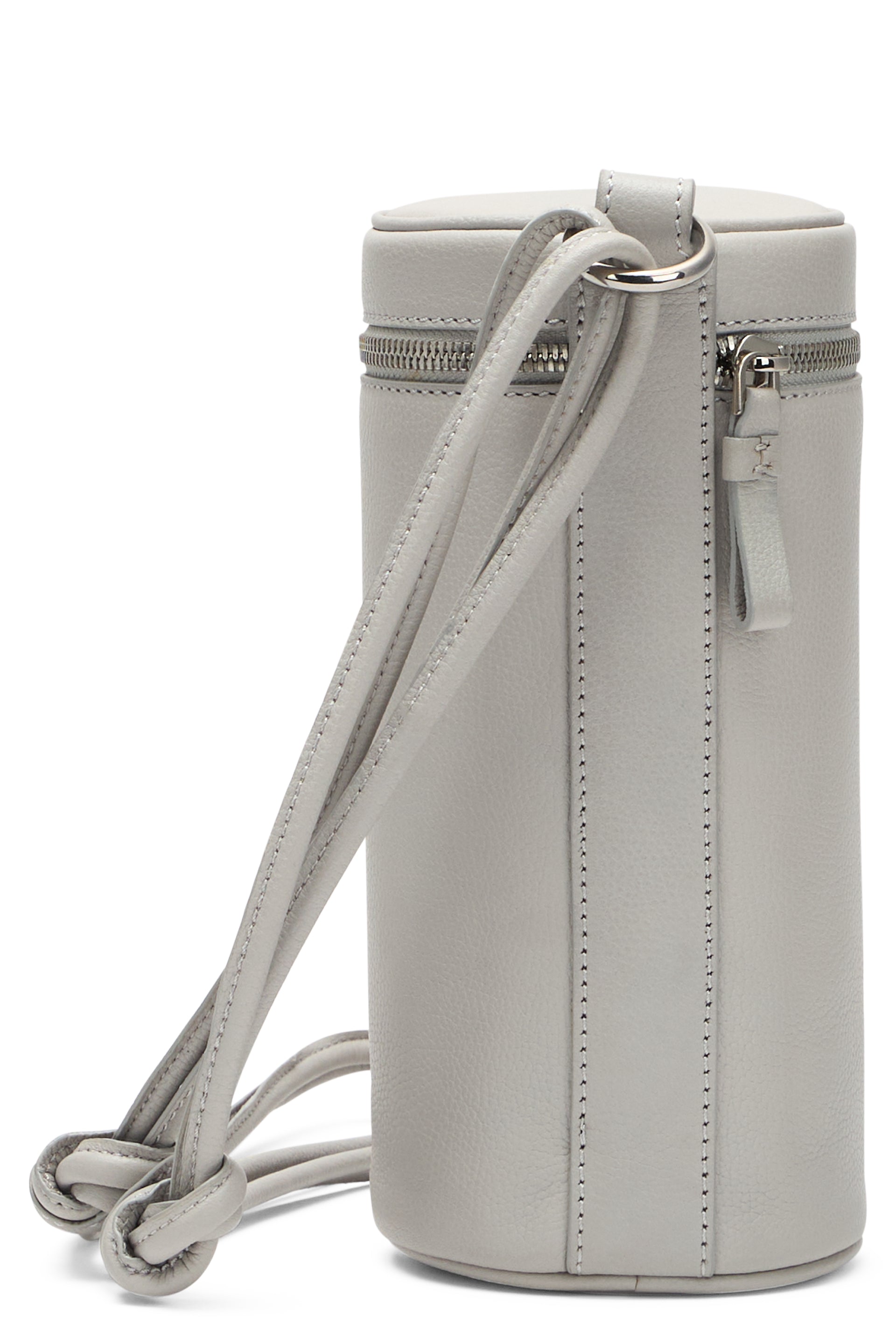 Light gray bucket bag, elegant and minimalist.