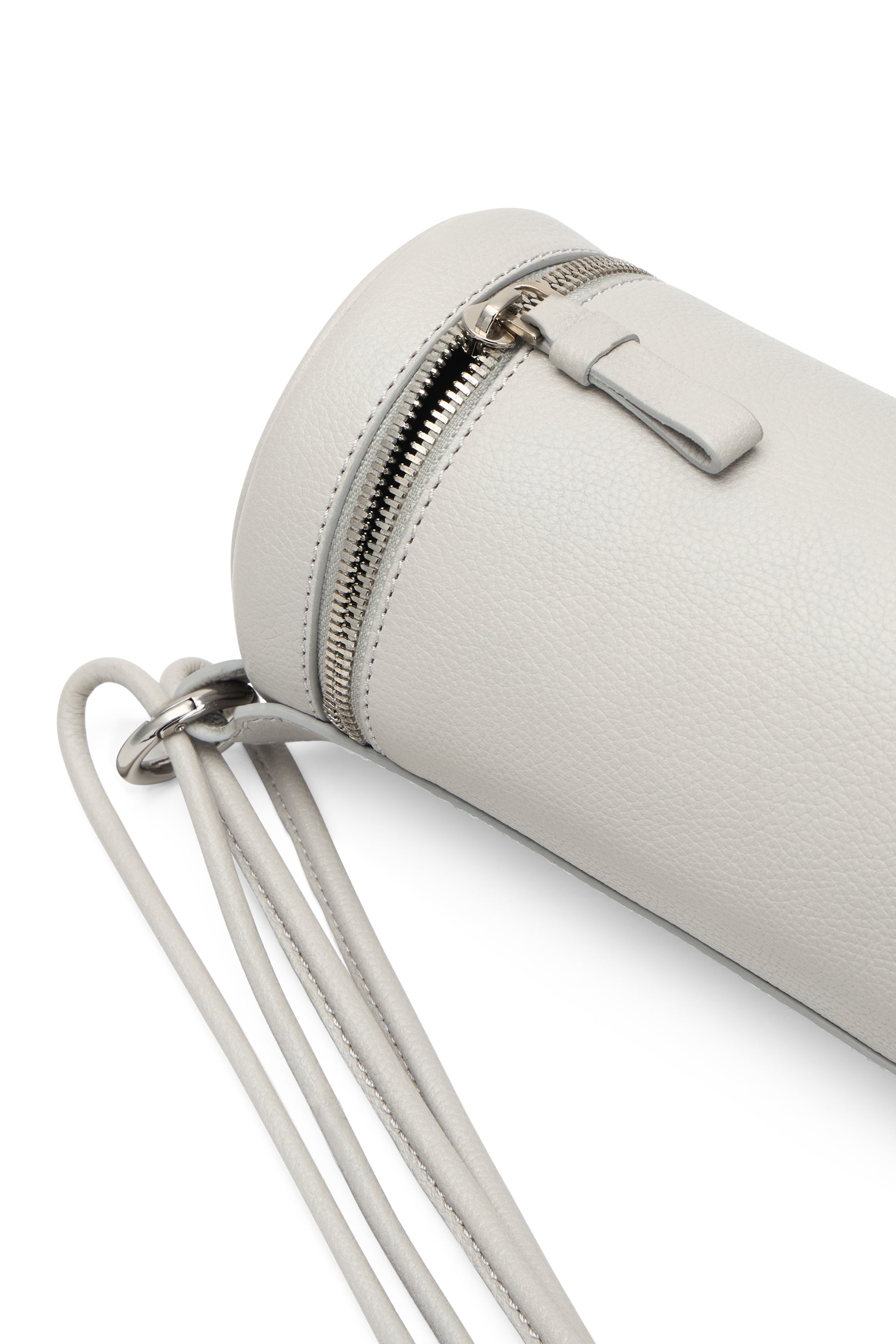 Light gray bucket bag, elegant and minimalist.