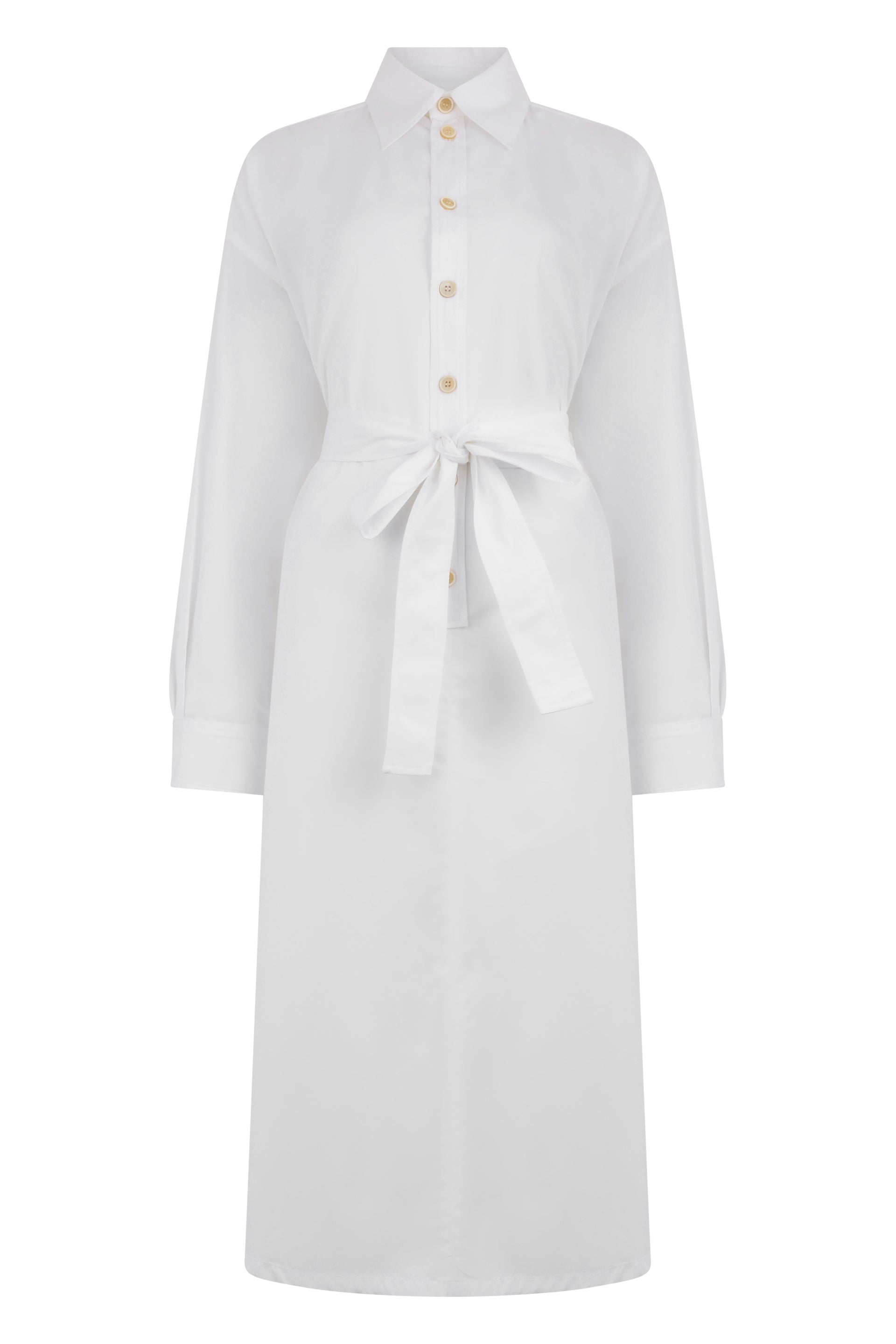 Long white minimalist dress with elegant belt