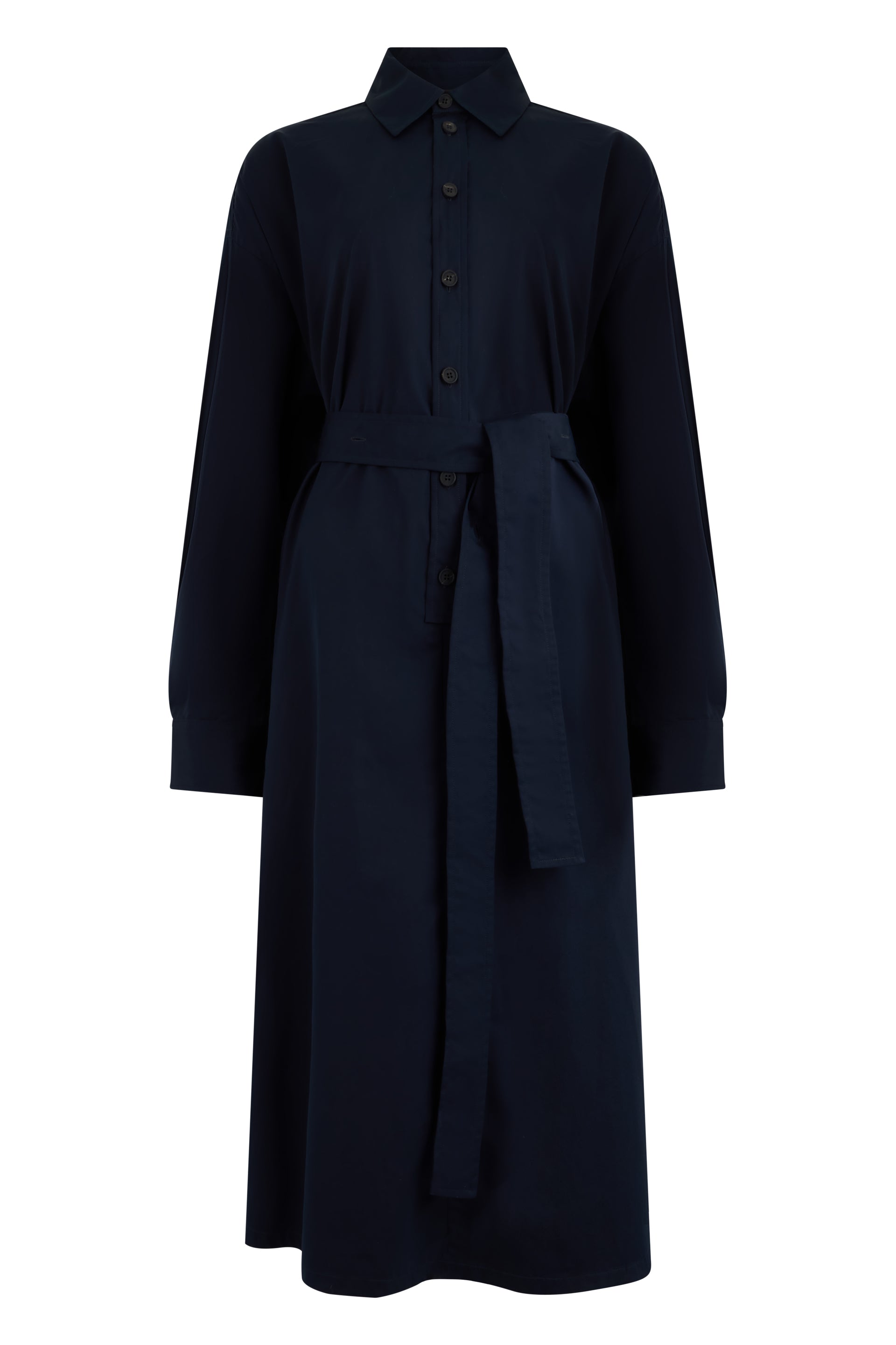 Dark blue midi dress with buttons and adjustable belt.