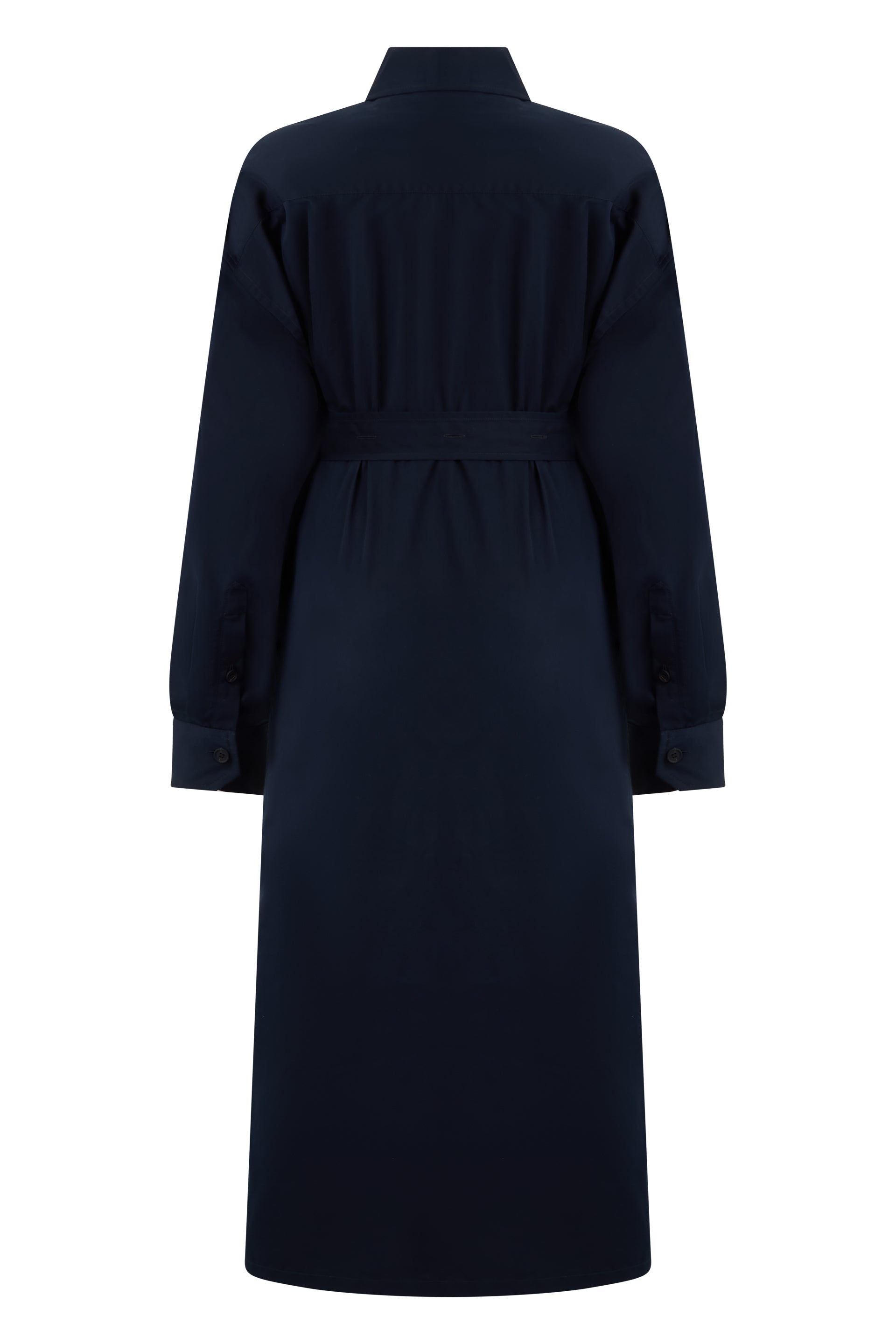 Dark blue midi dress with buttons and adjustable belt.