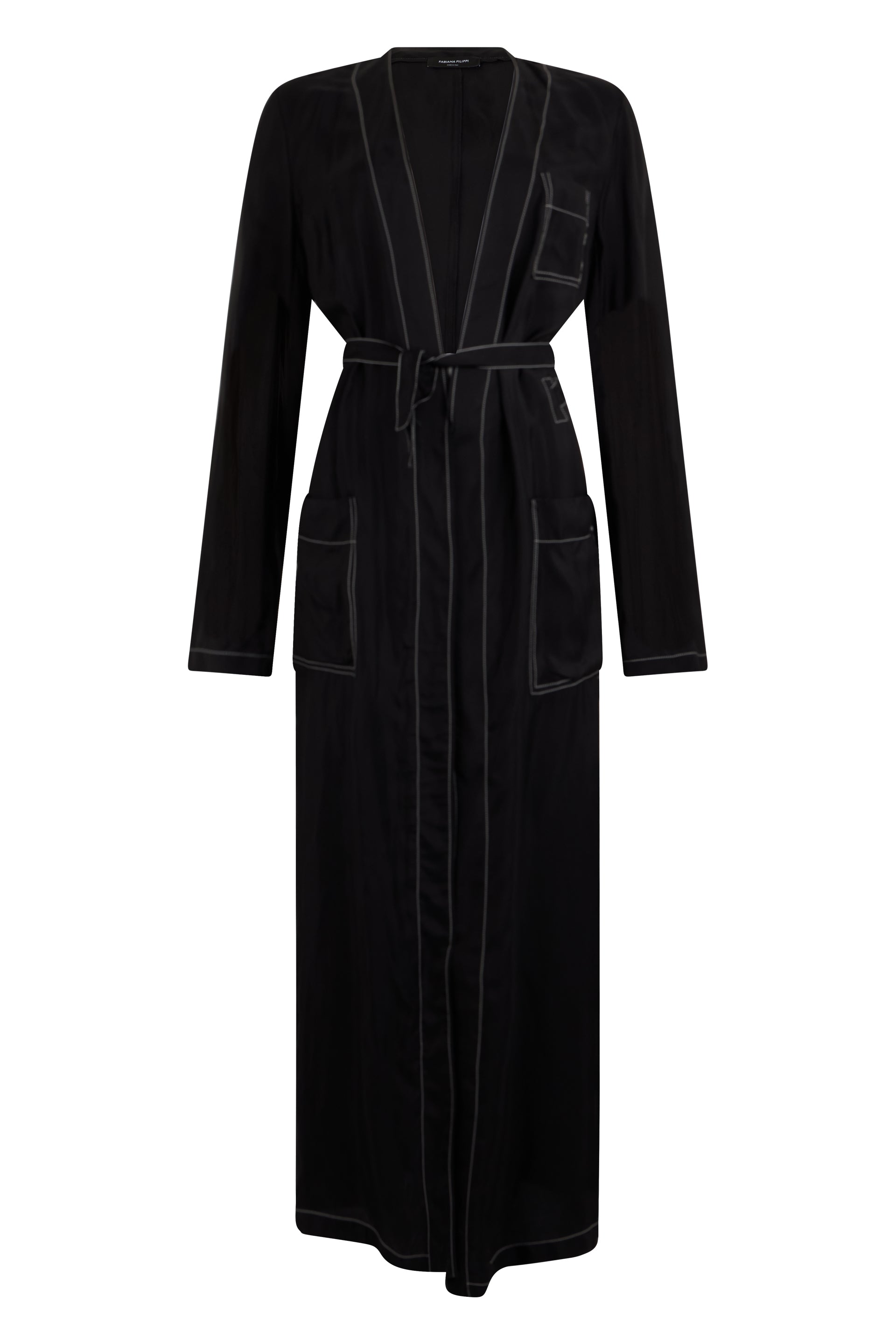 Elegant long black dress with a refined belt.