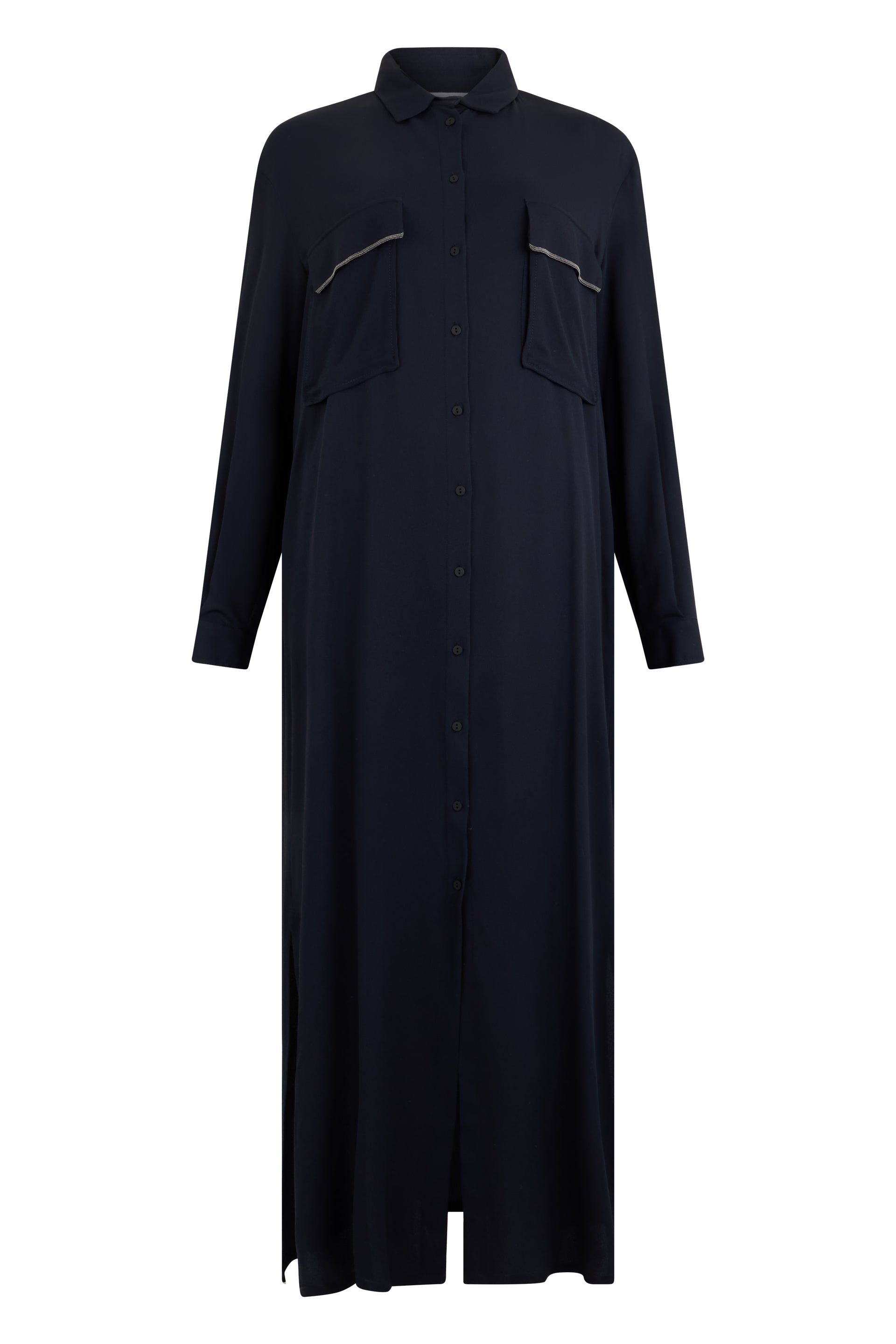 Elegant long black dress with long sleeves.