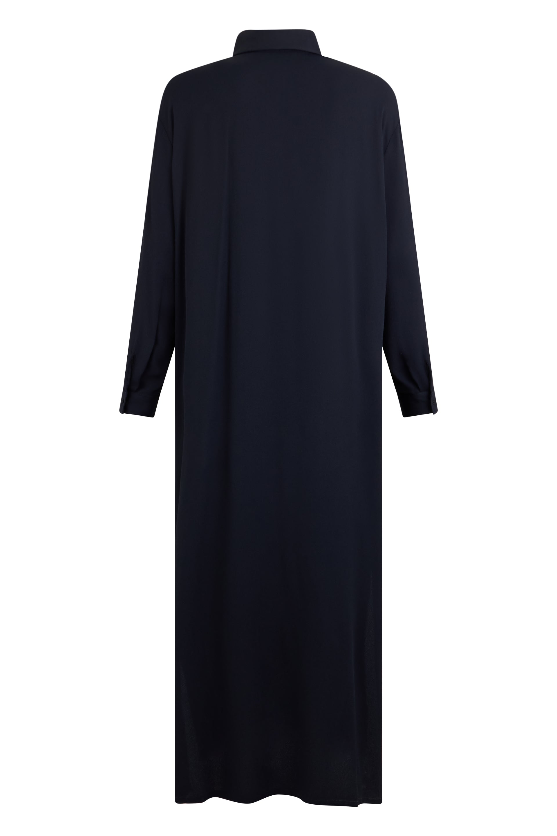 Elegant long black dress with long sleeves.