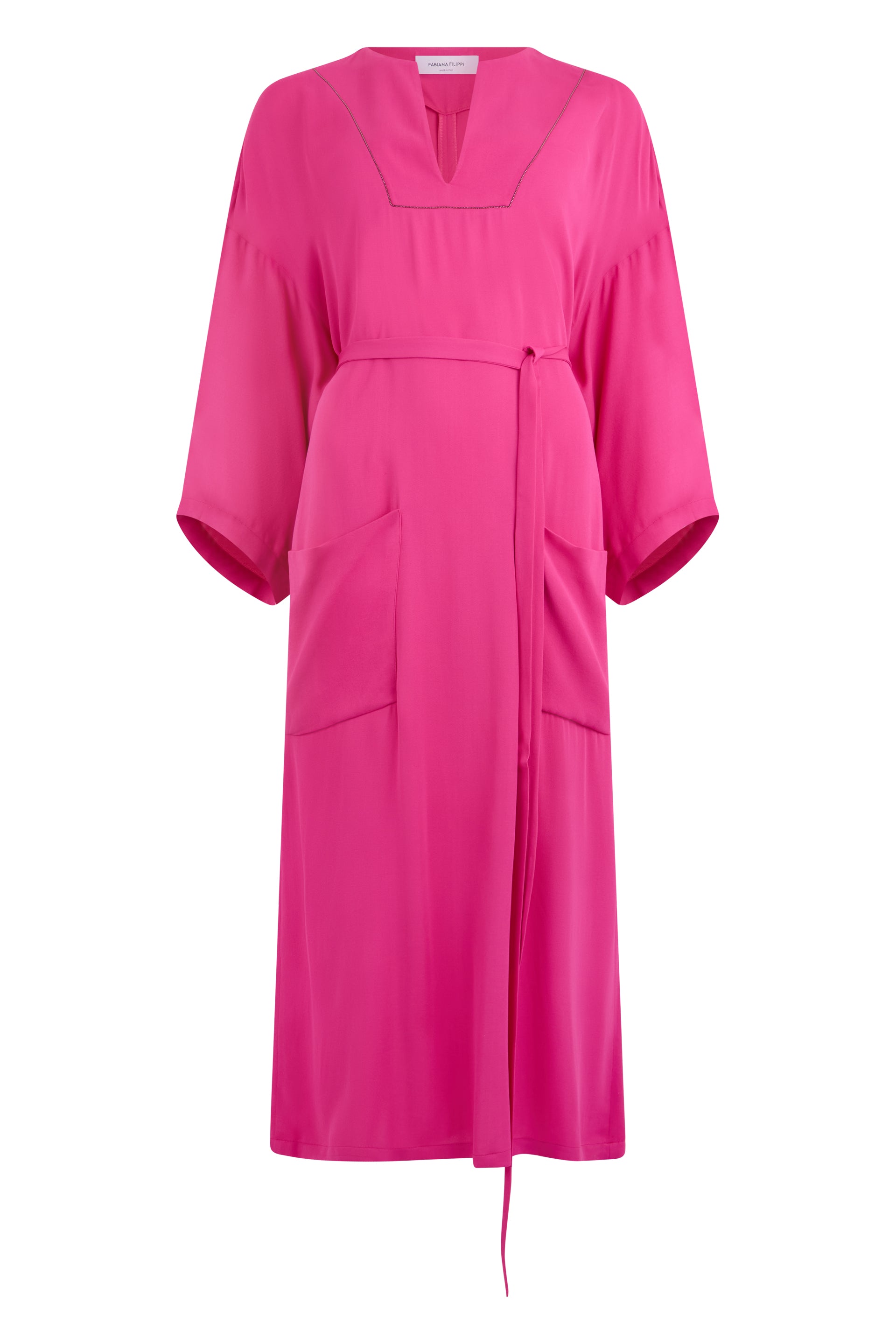 Fuchsia flowy midi dress with an elegant belt.
