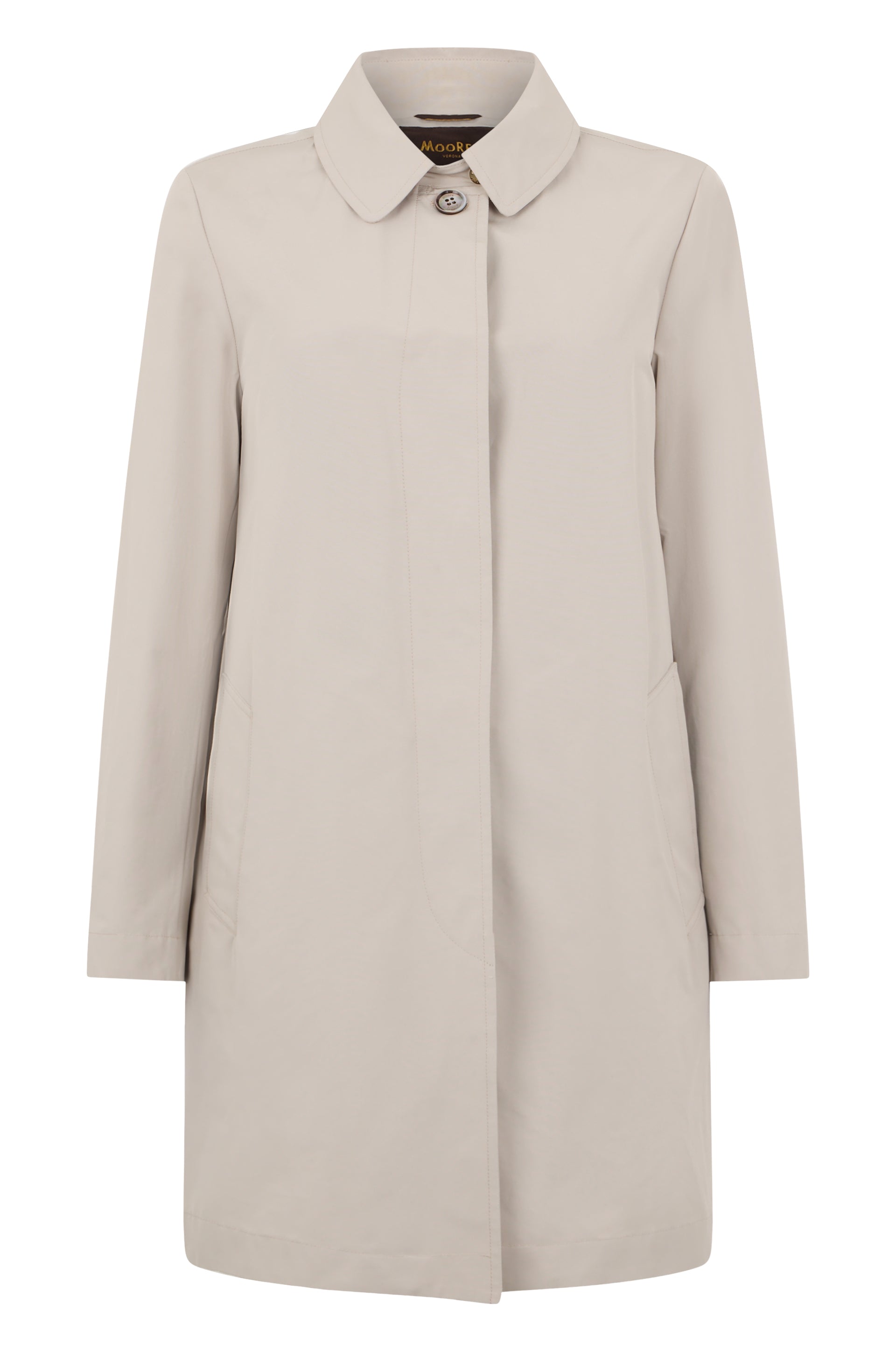 Knee-length beige coat, versatile and minimal.