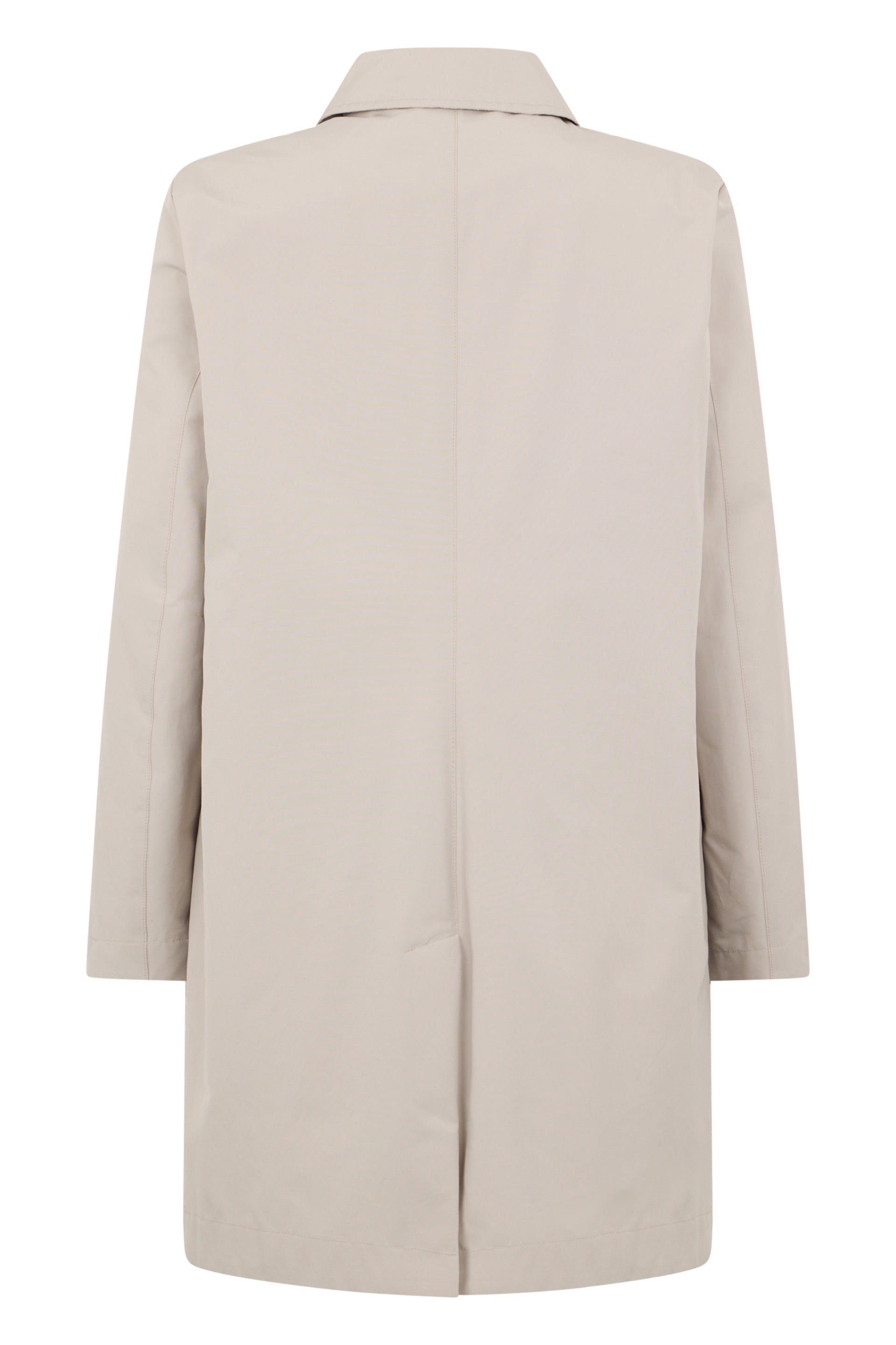 Knee-length beige coat, versatile and minimal.