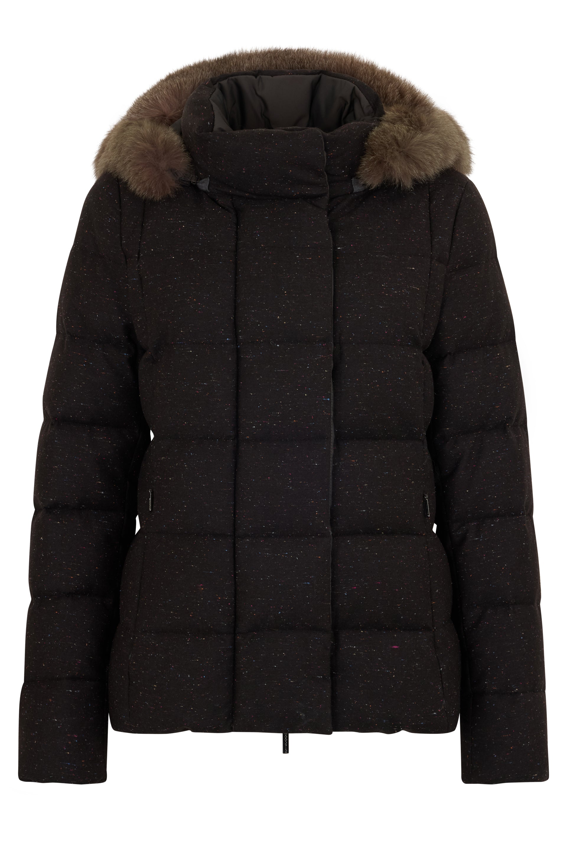 Black jacket with colorful pattern and fur collar