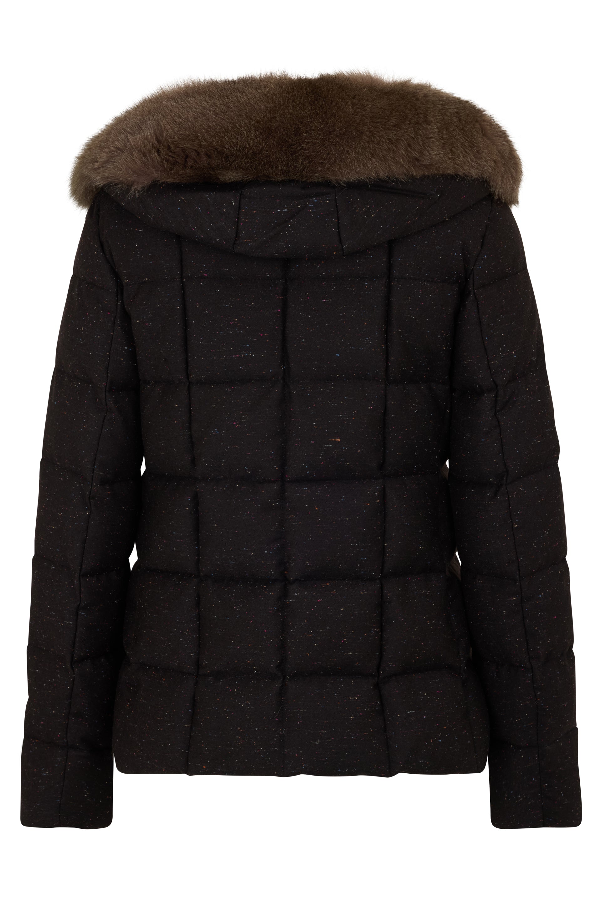 Black jacket with colorful pattern and fur collar