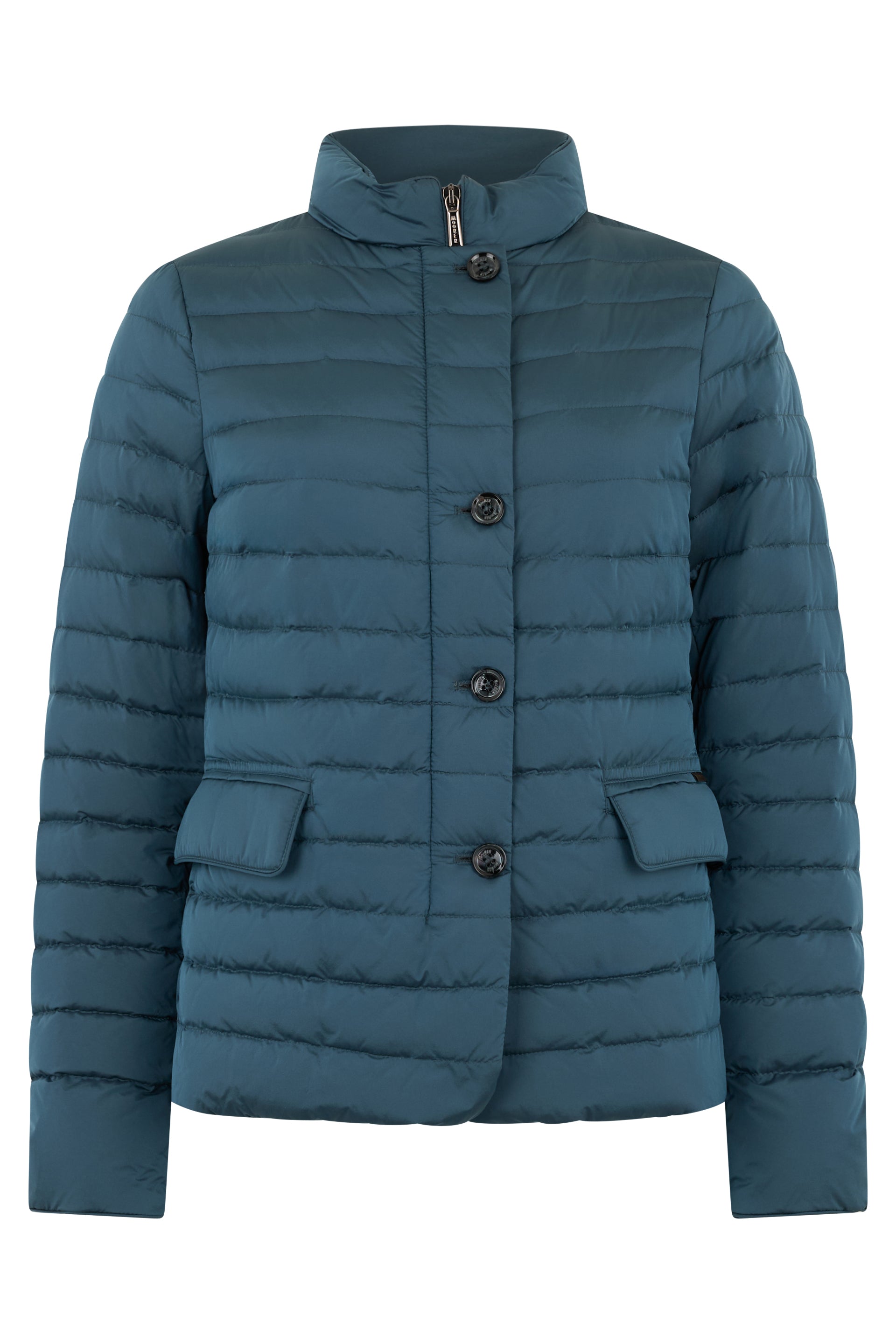 Blue padded jacket with elegant pockets.