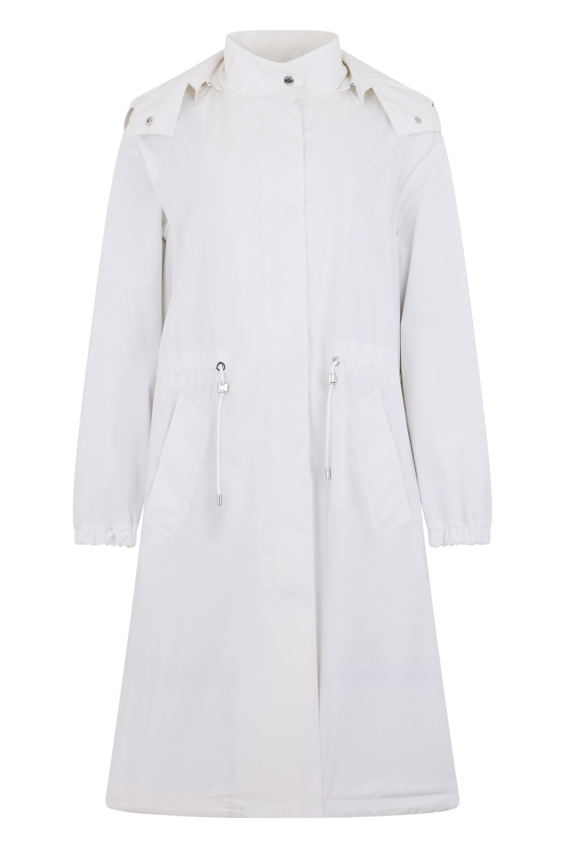 Elegant long white jacket with belt