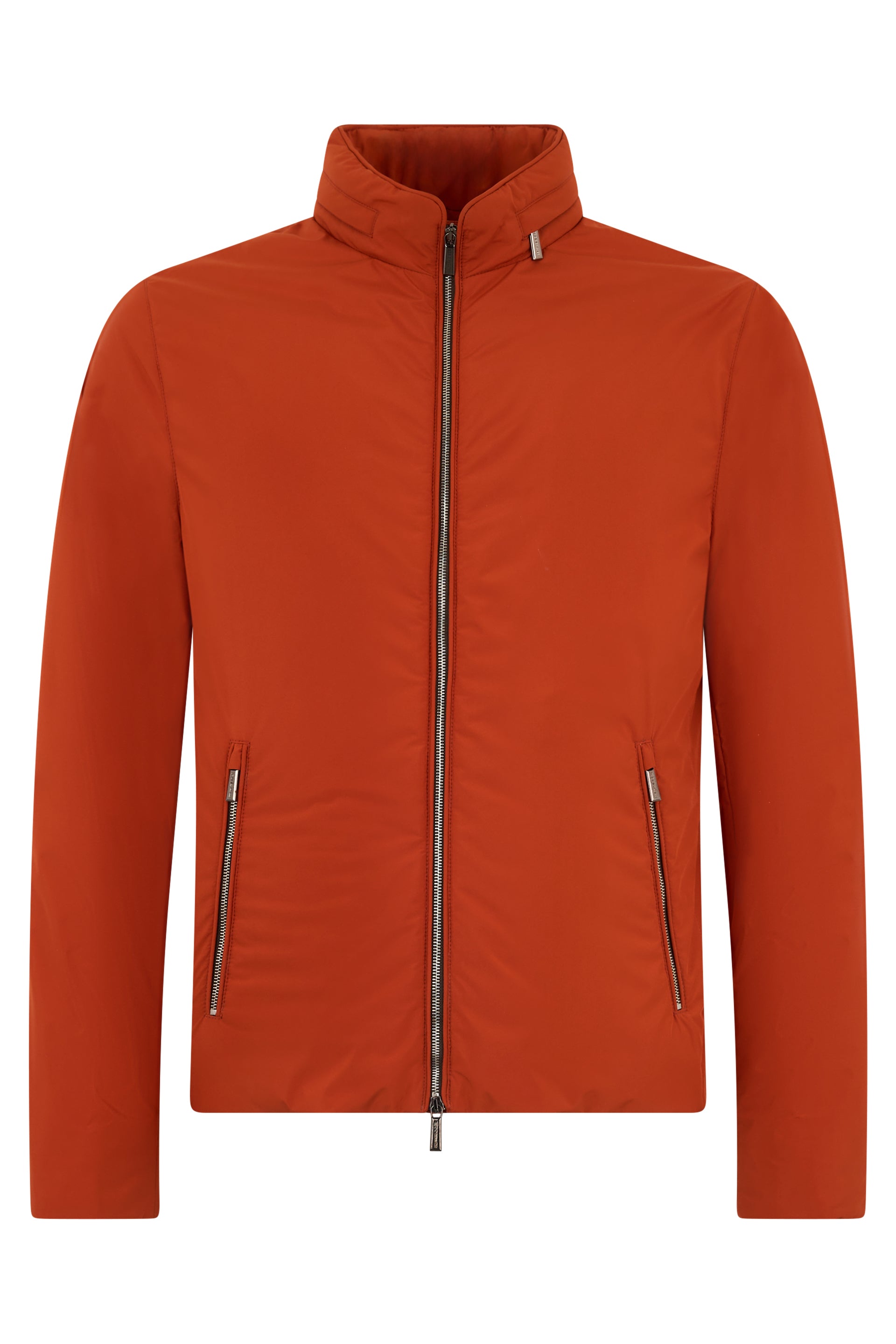 Orange padded jacket with front zip.
