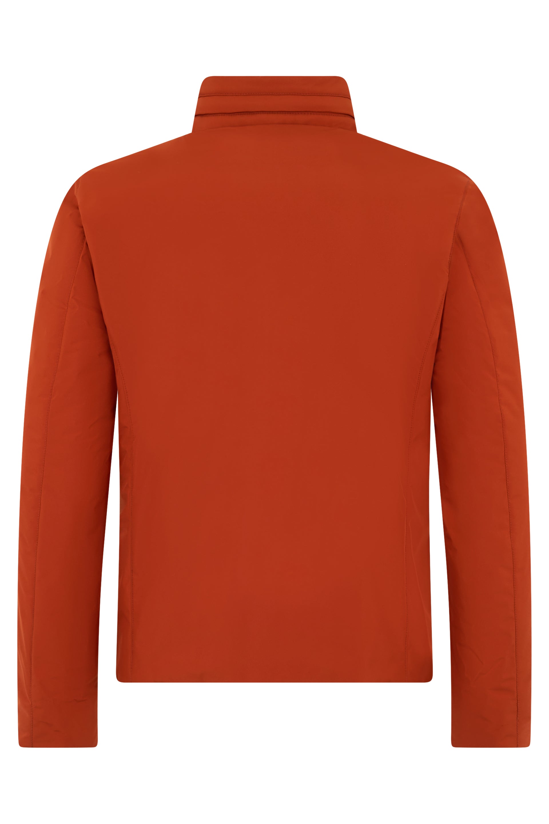 Orange padded jacket with front zip.