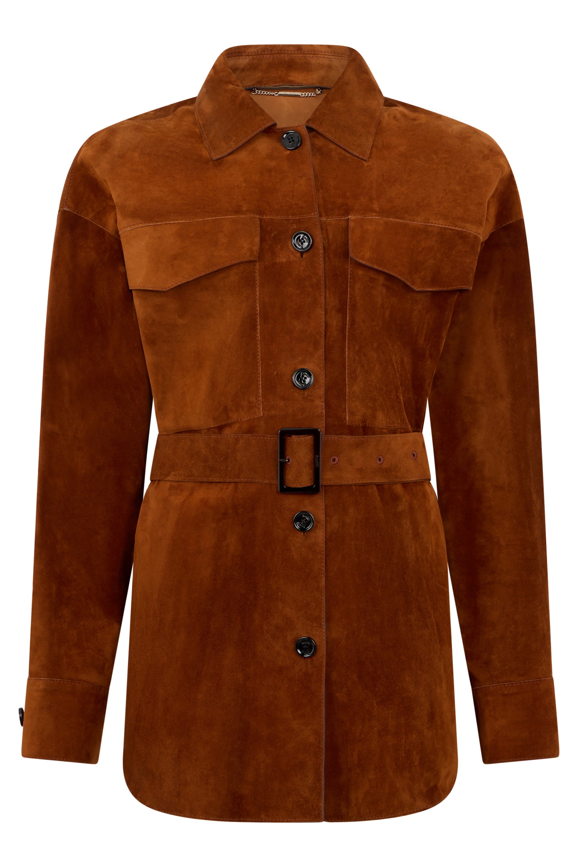 Jacket with casual design in camel color with belt and pockets.