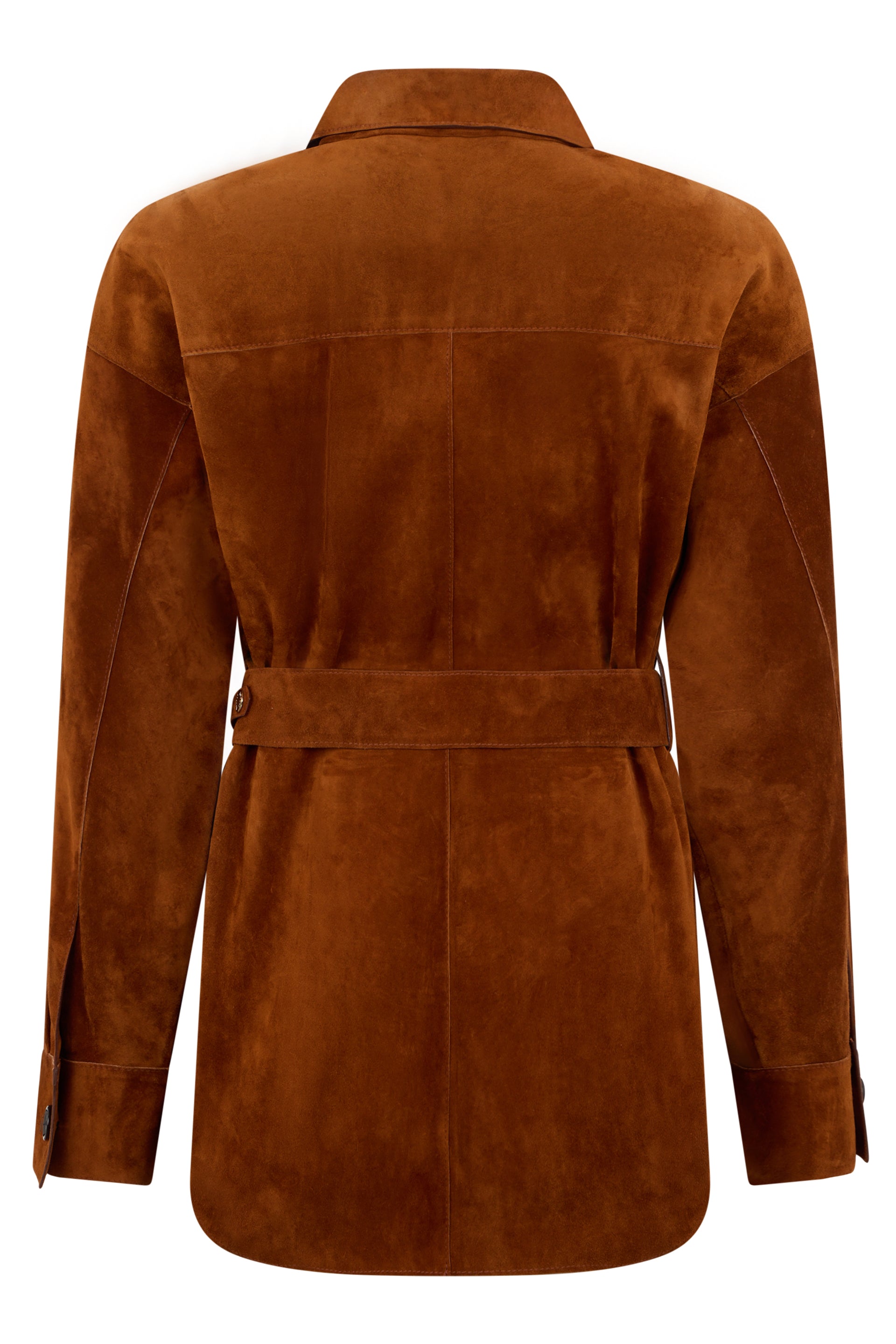 Jacket with casual design in camel color with belt and pockets.