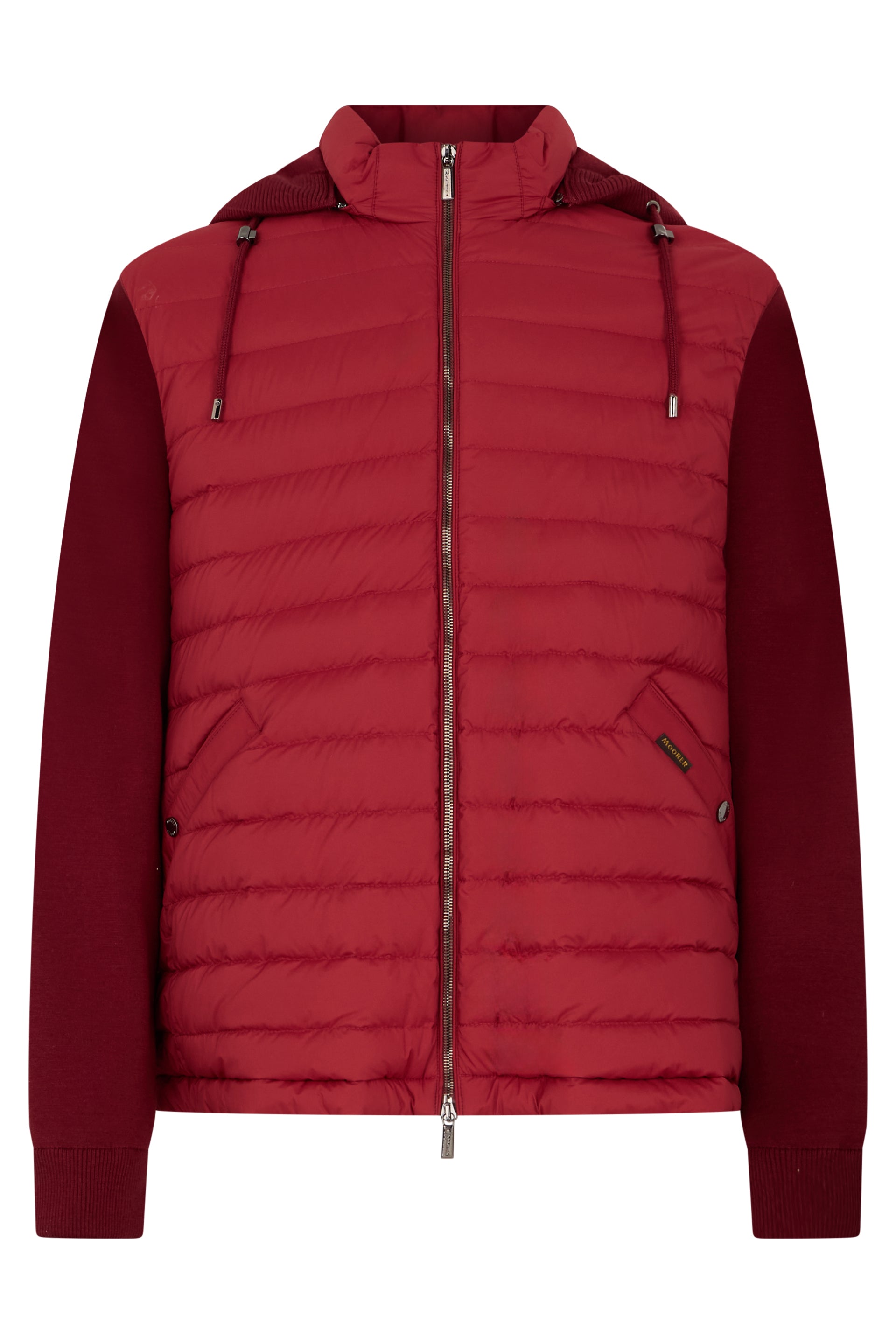 Padded jacket in two shades of red with hood.