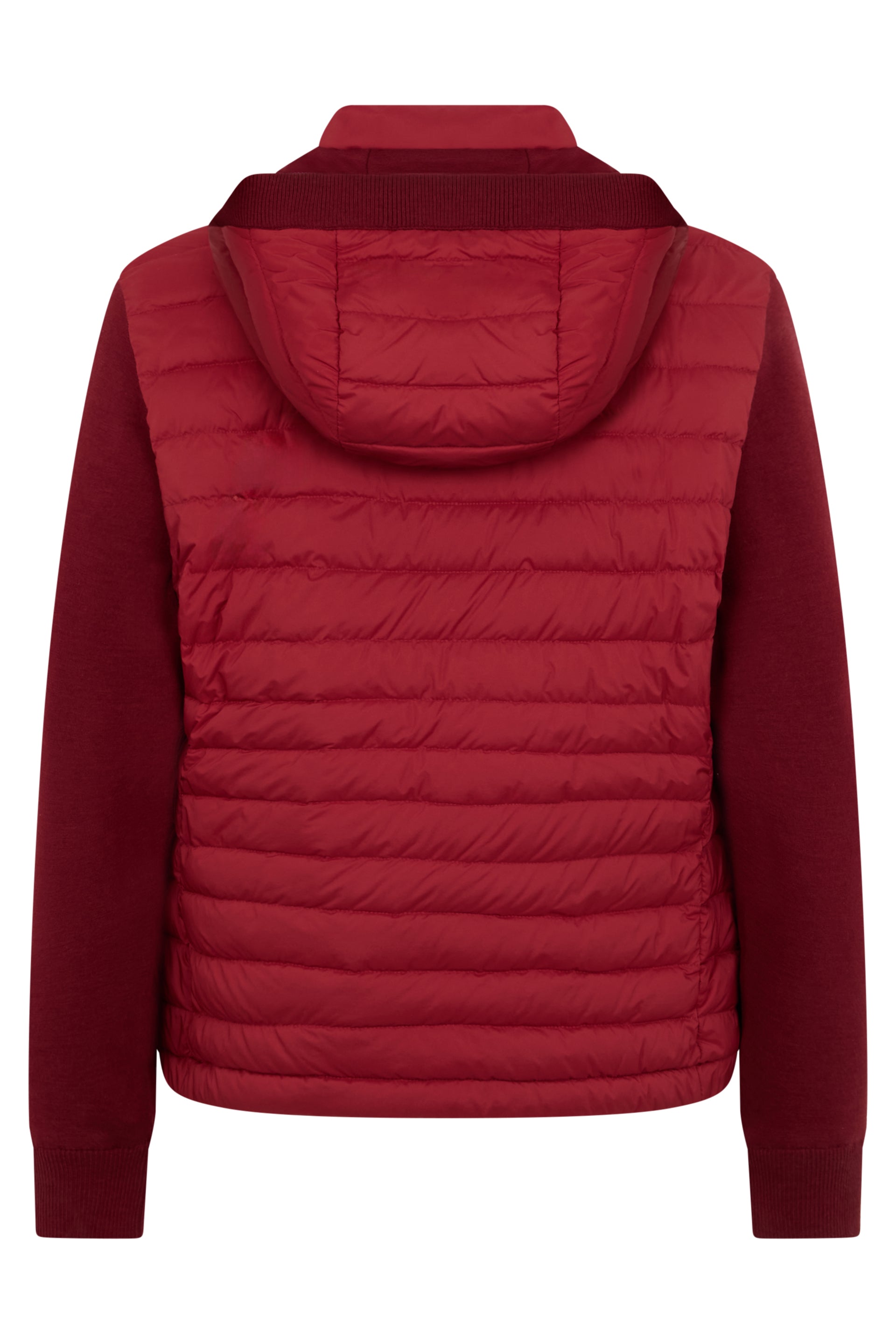 Padded jacket in two shades of red with hood.