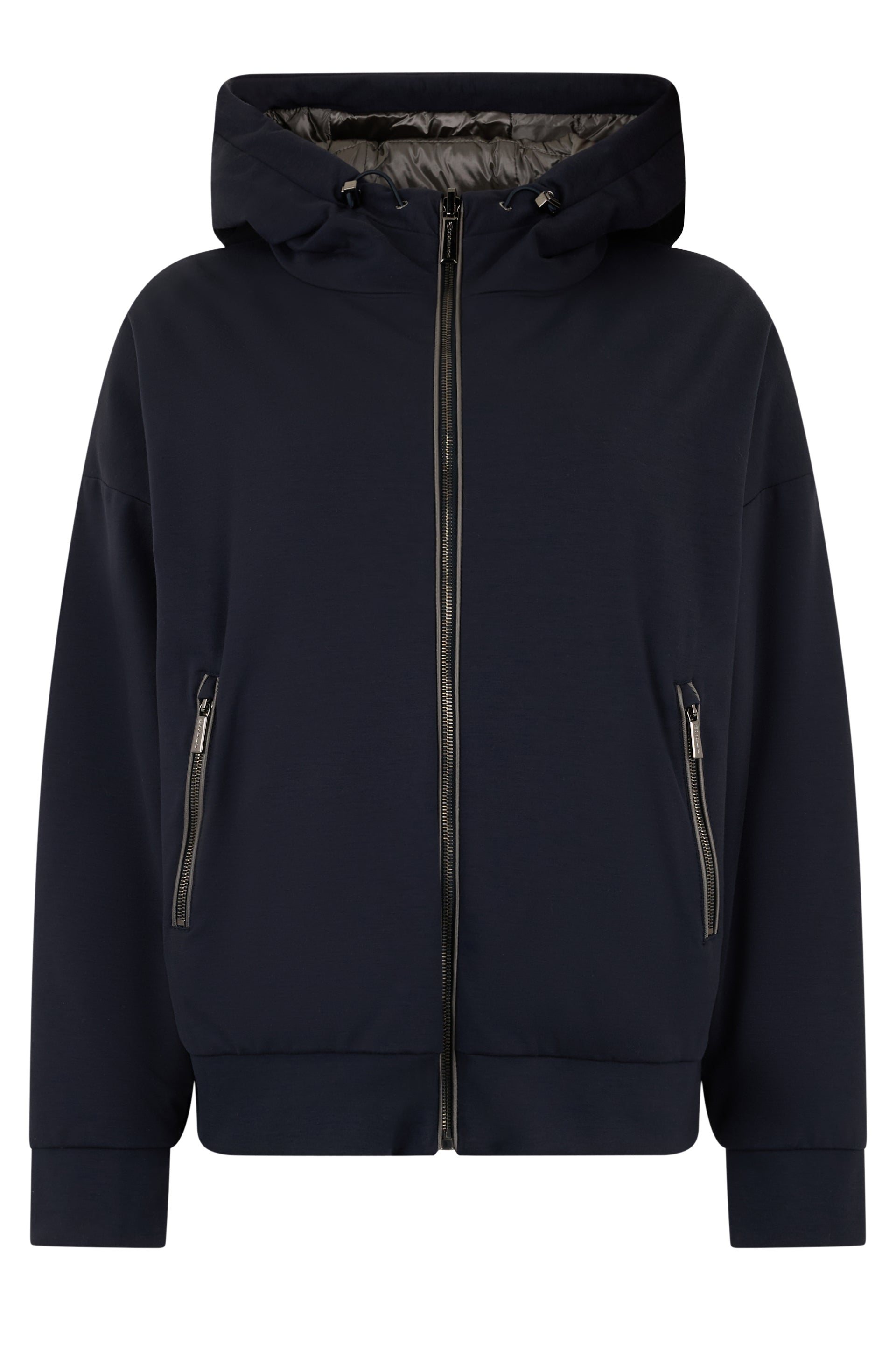 Dark blue padded jacket with hood and zip.