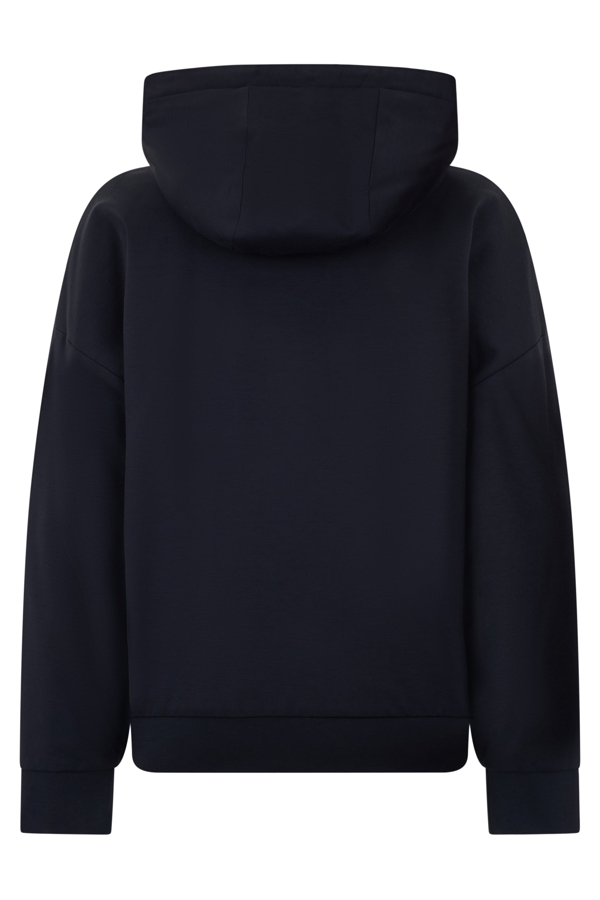 Dark blue padded jacket with hood and zip.