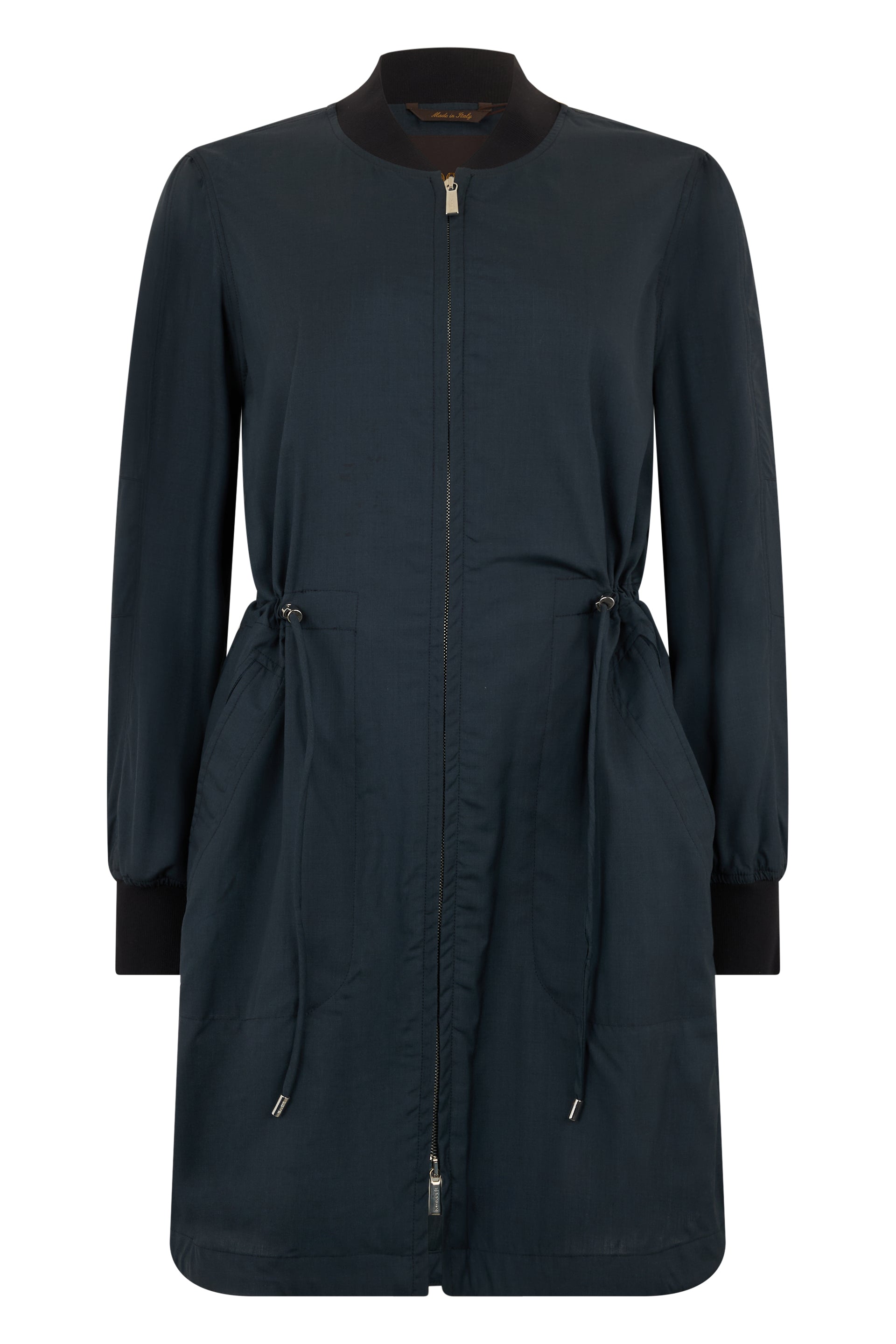 Light dark blue coat with zip, minimal and versatile.