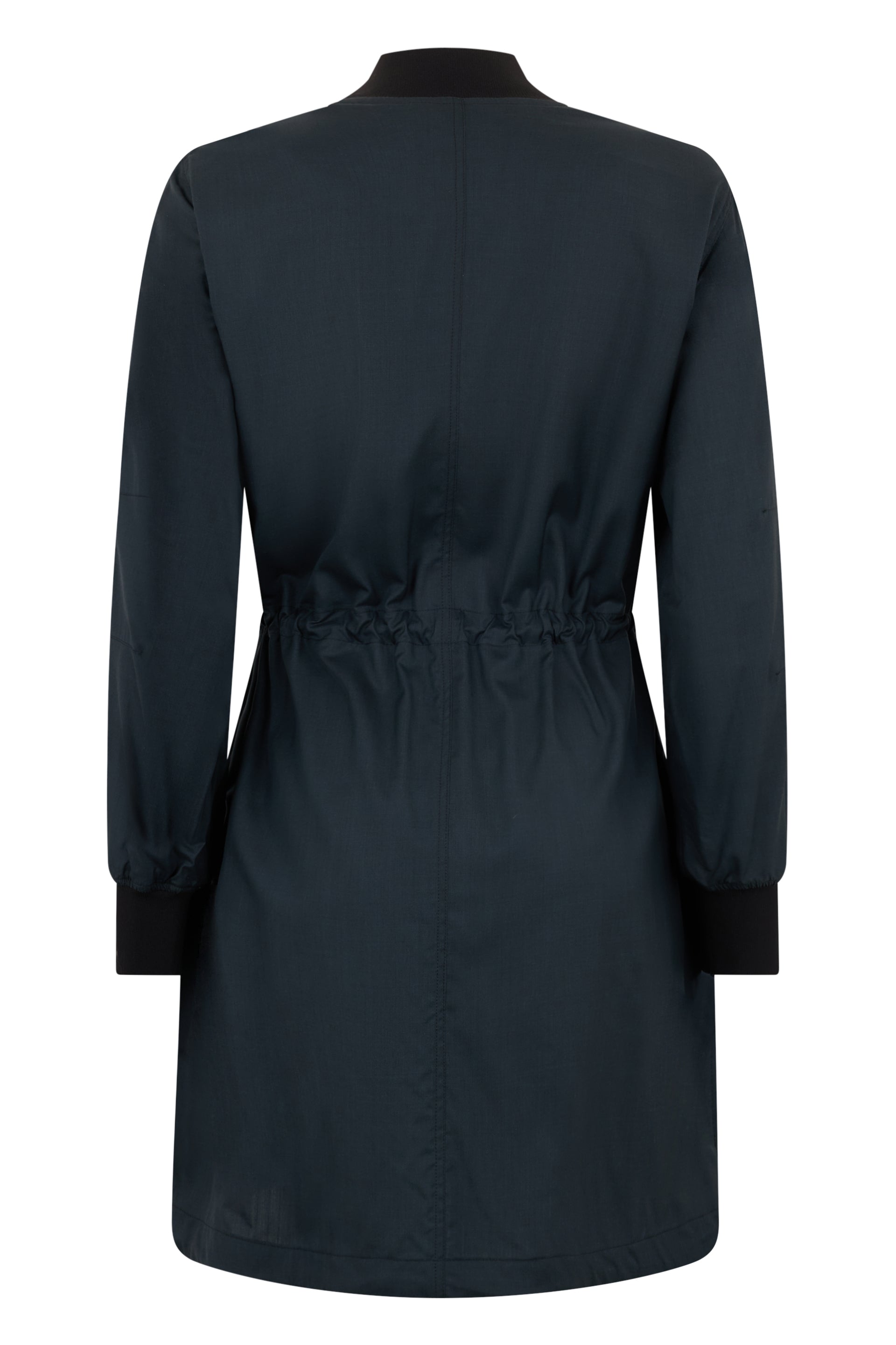 Light dark blue coat with zip, minimal and versatile.