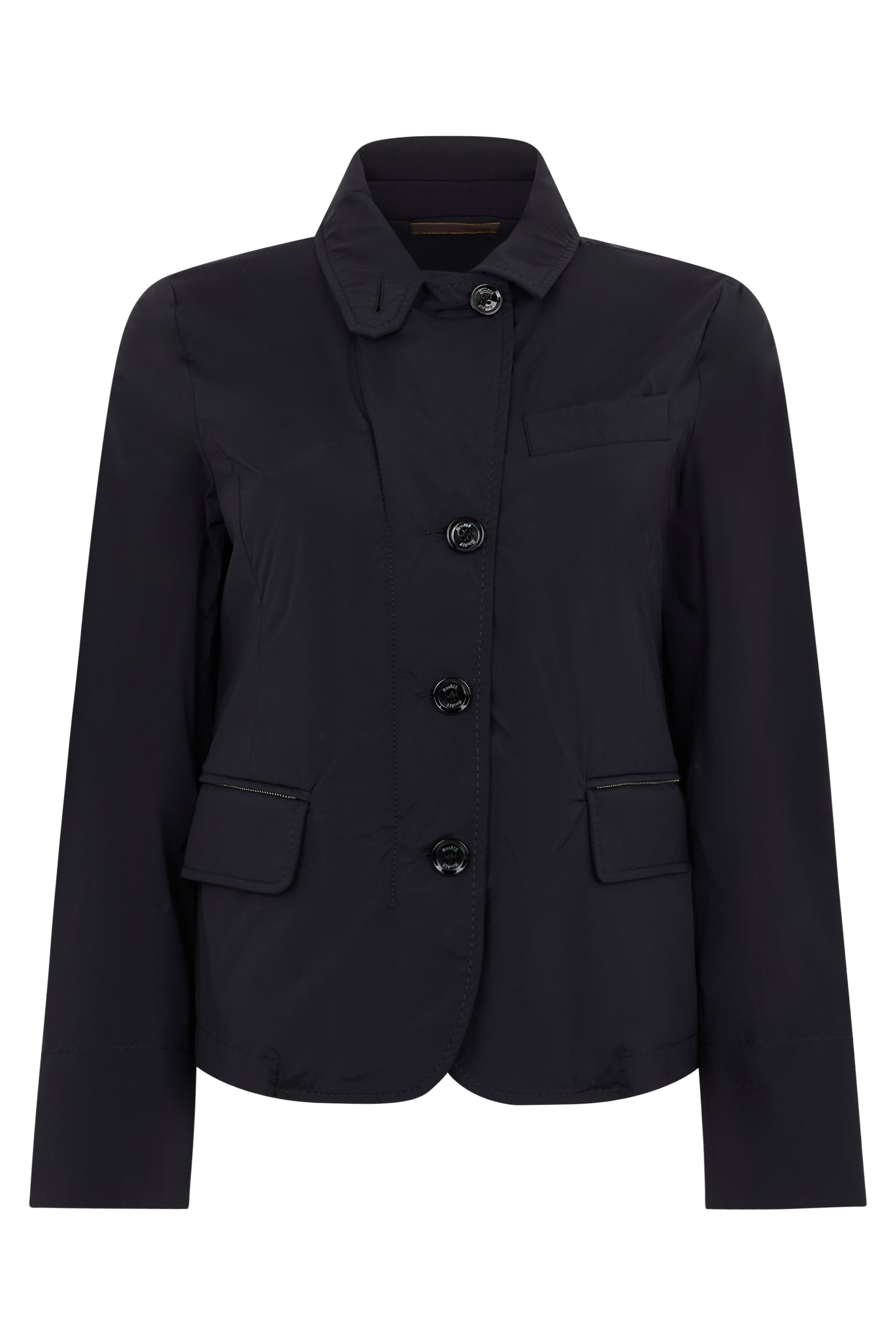 Dark blue classic jacket with structured collar.
