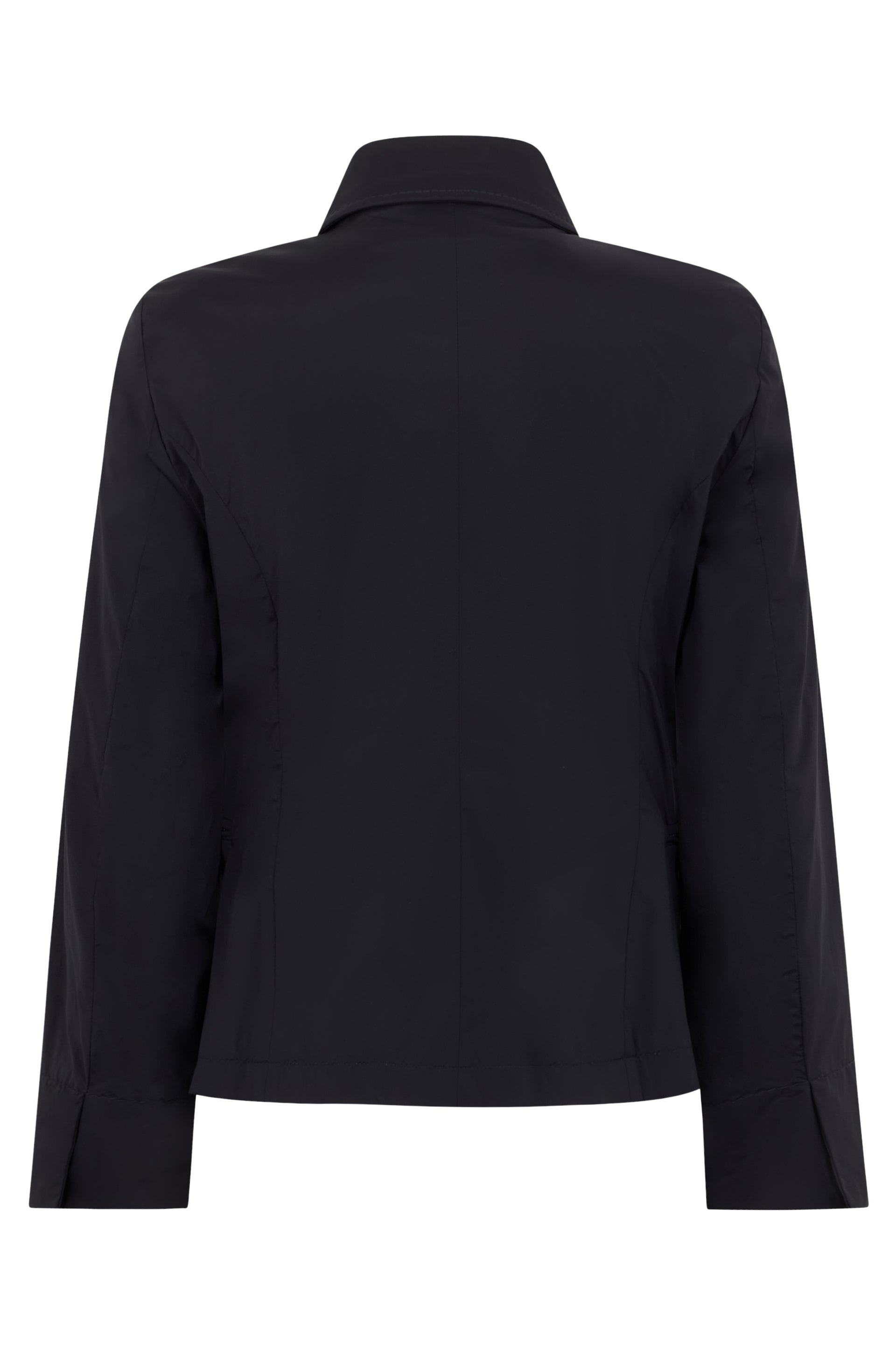 Dark blue classic jacket with structured collar.