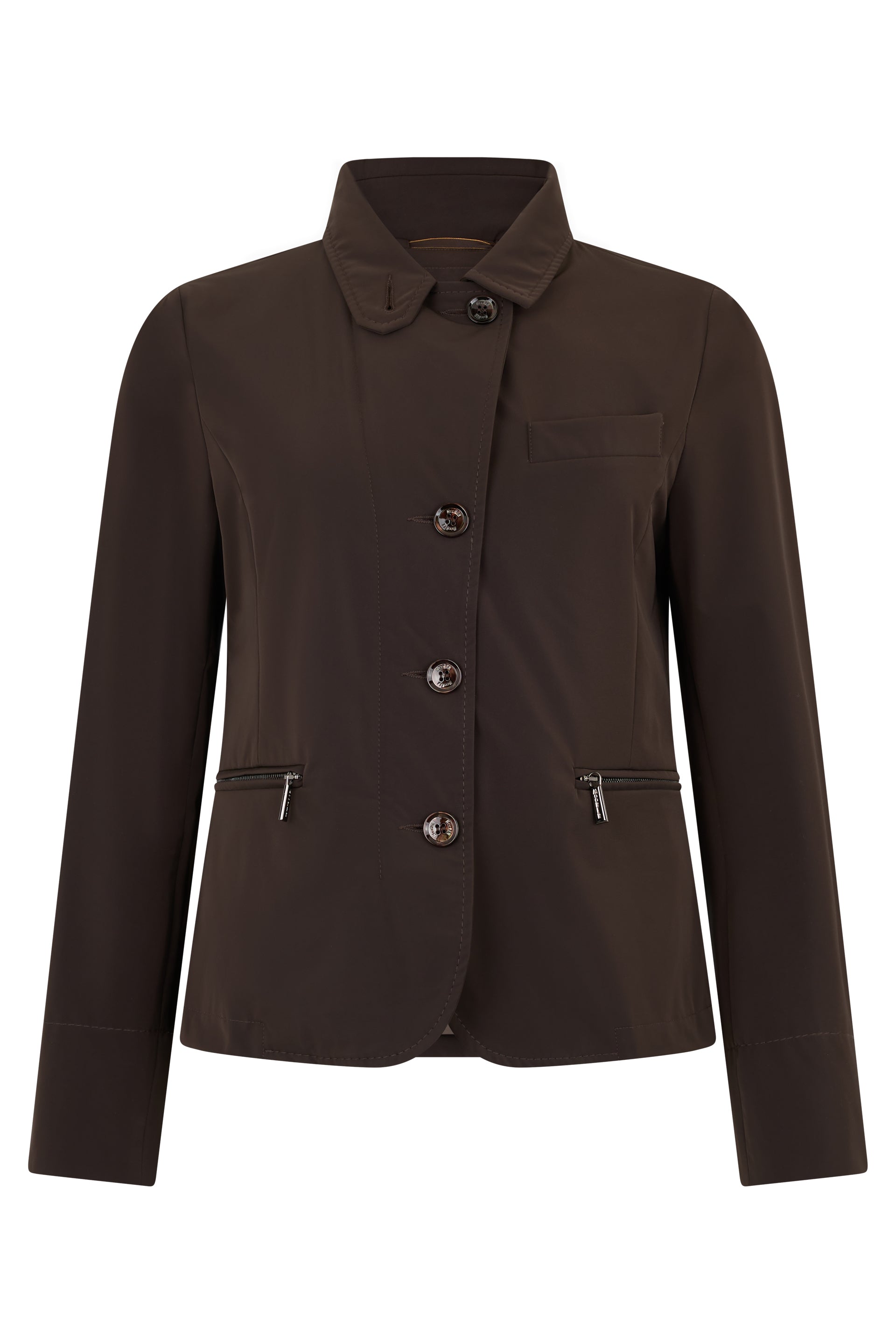 Classic jacket in solid brown color with versatile design.