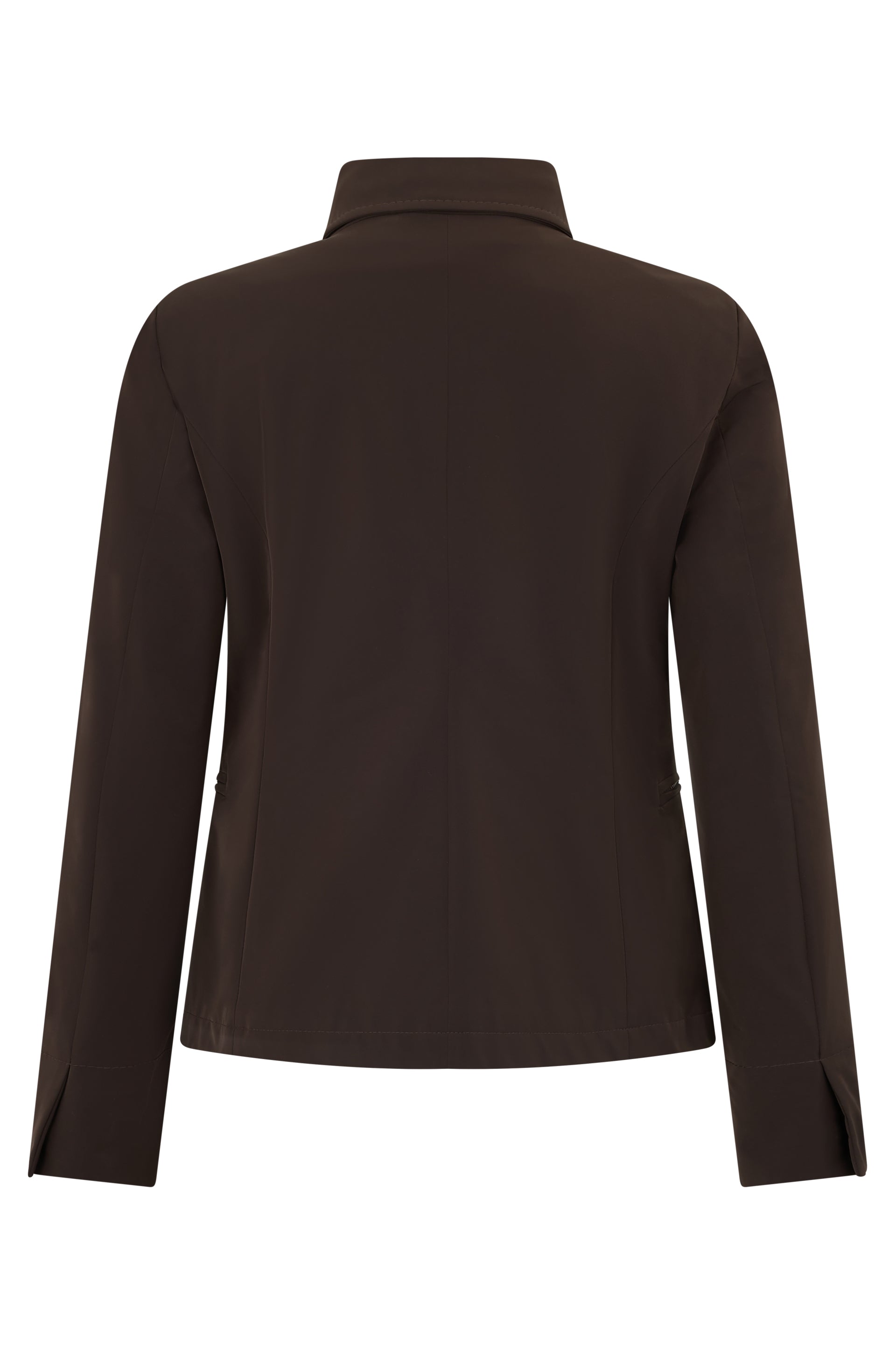 Classic jacket in solid brown color with versatile design.