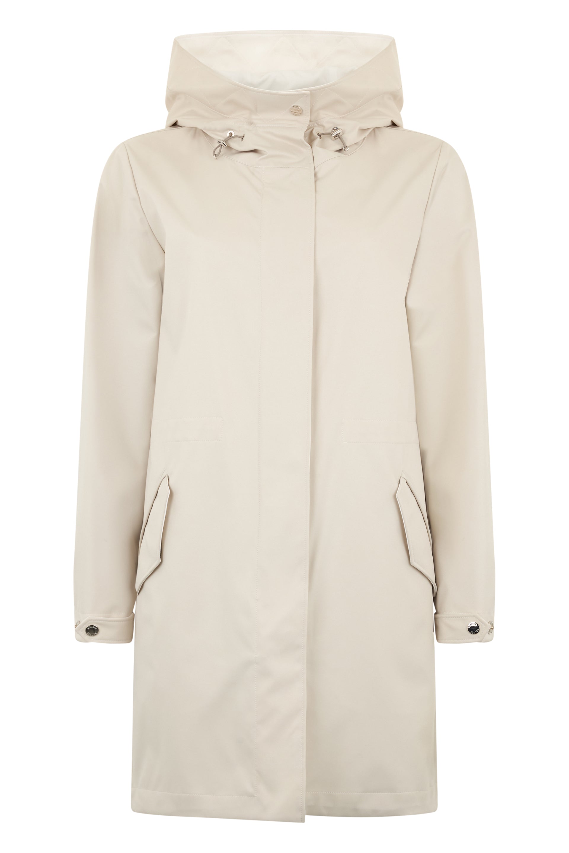 Beige long coat with hood, elegant and minimal.