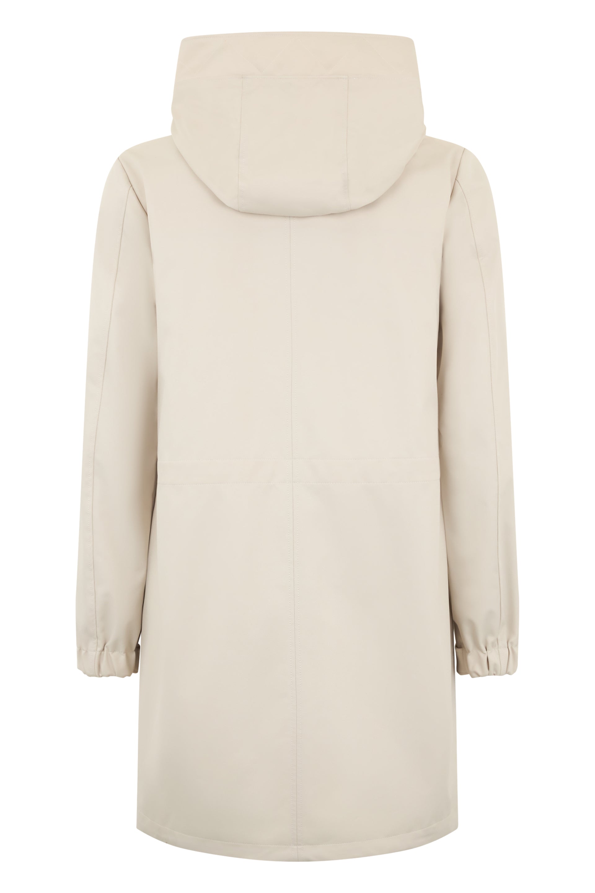 Beige long coat with hood, elegant and minimal.