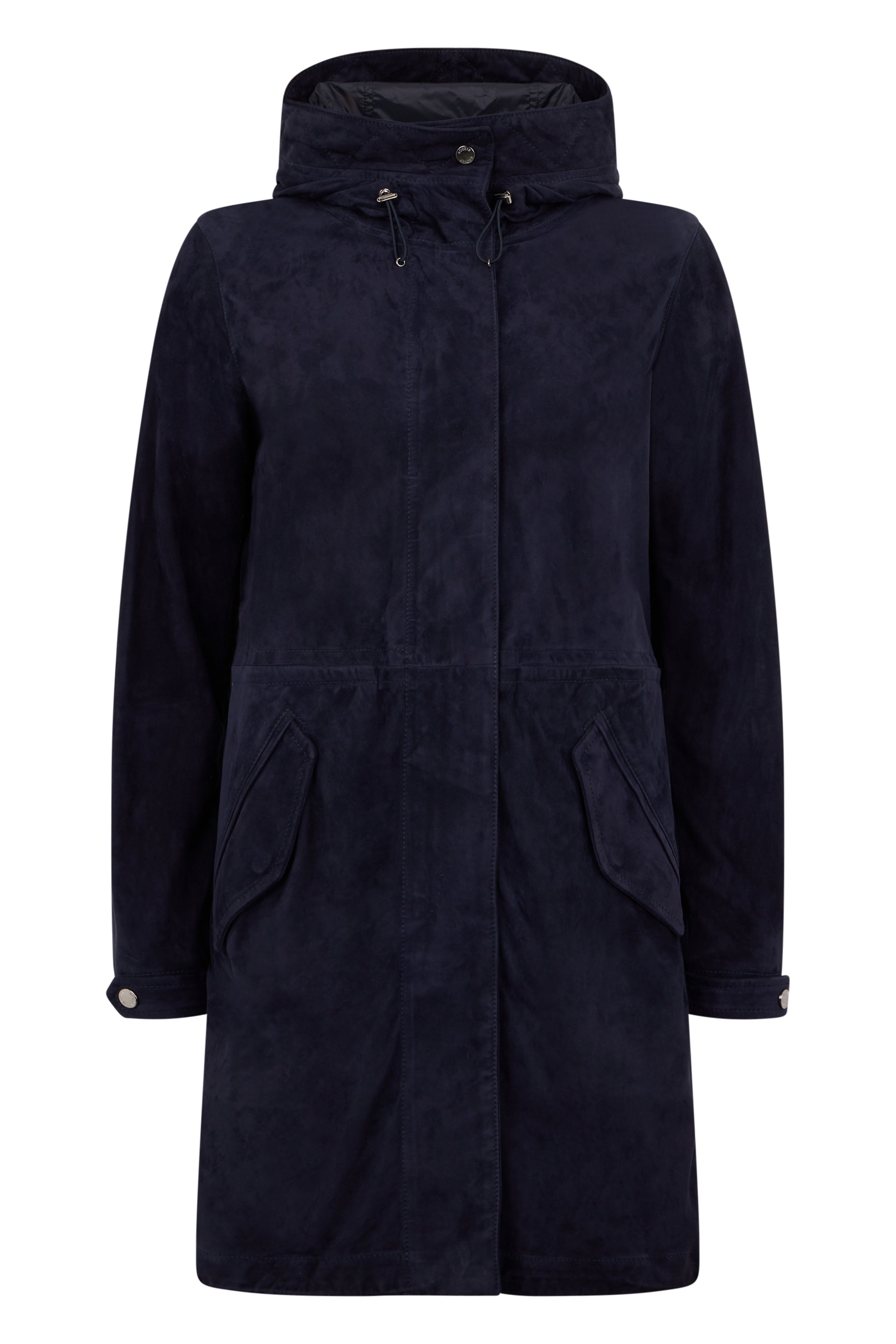 Elegant dark blue long coat down to the knee.