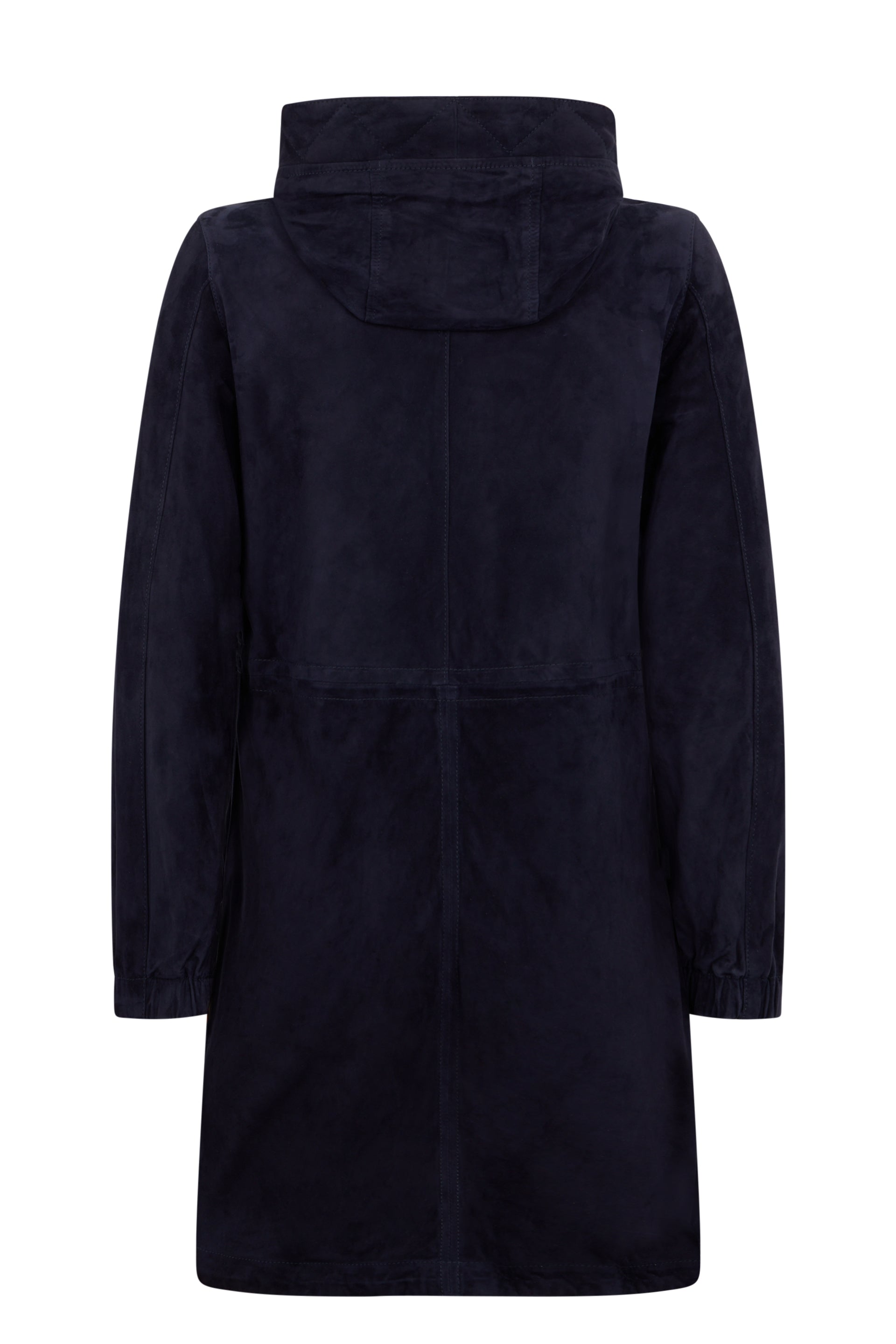 Elegant dark blue long coat down to the knee.