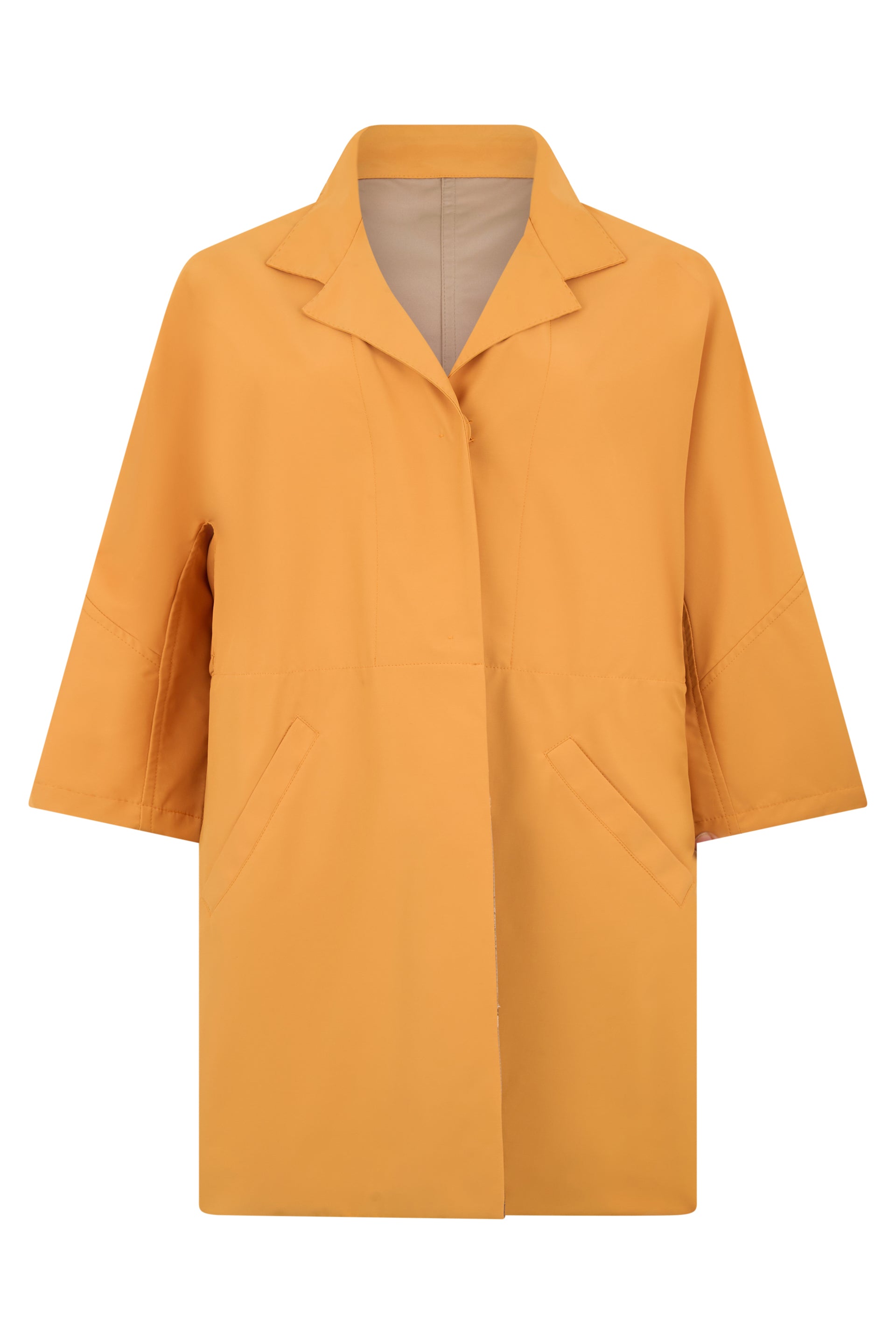 Orange coat with straight cut and oversized.