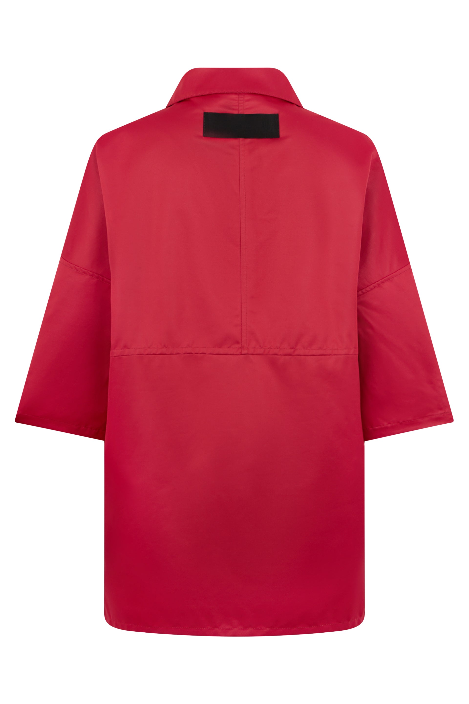 Red coat with a loose fit and versatile design.