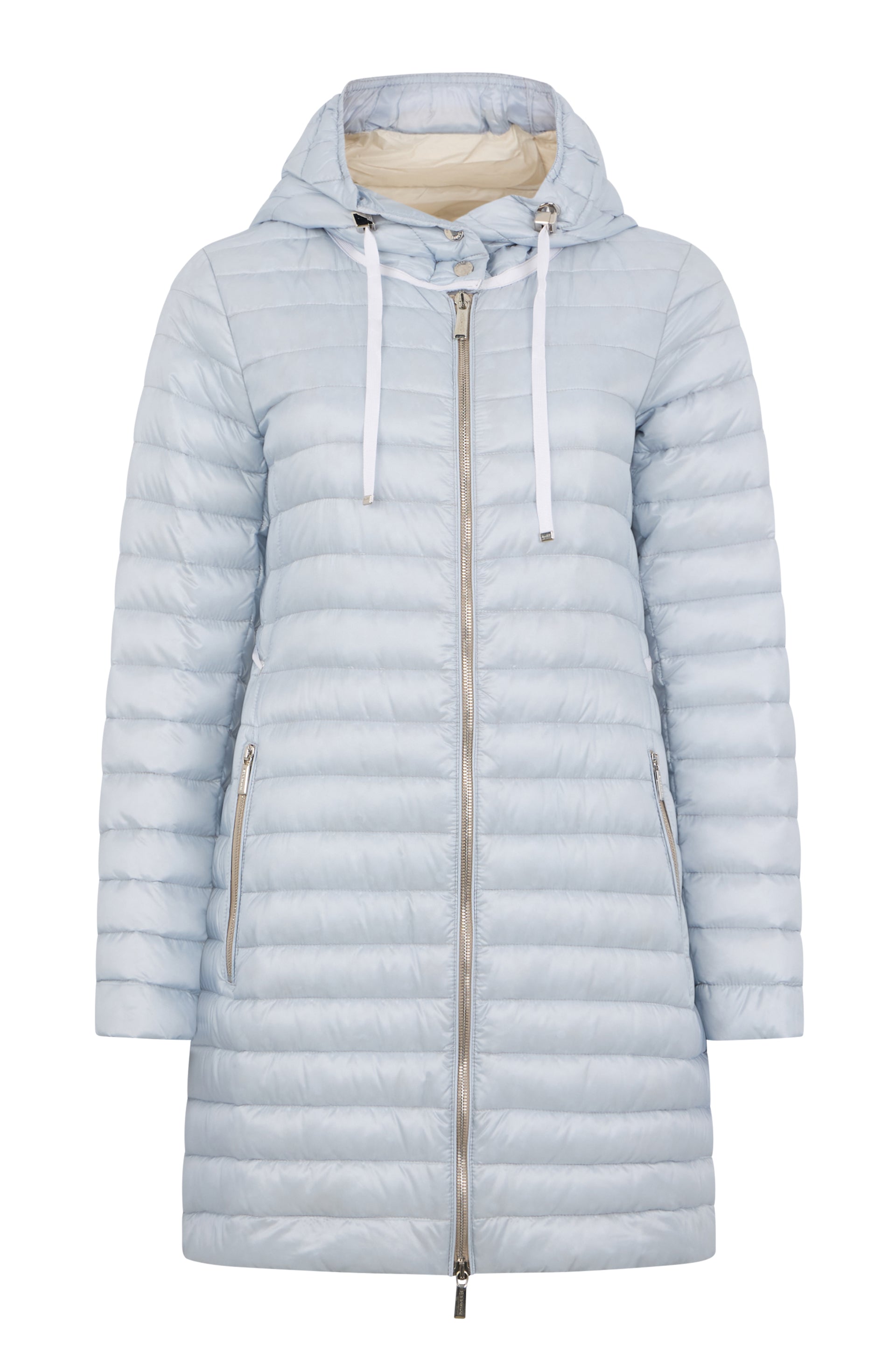 Light blue padded coat with zipper and hood.