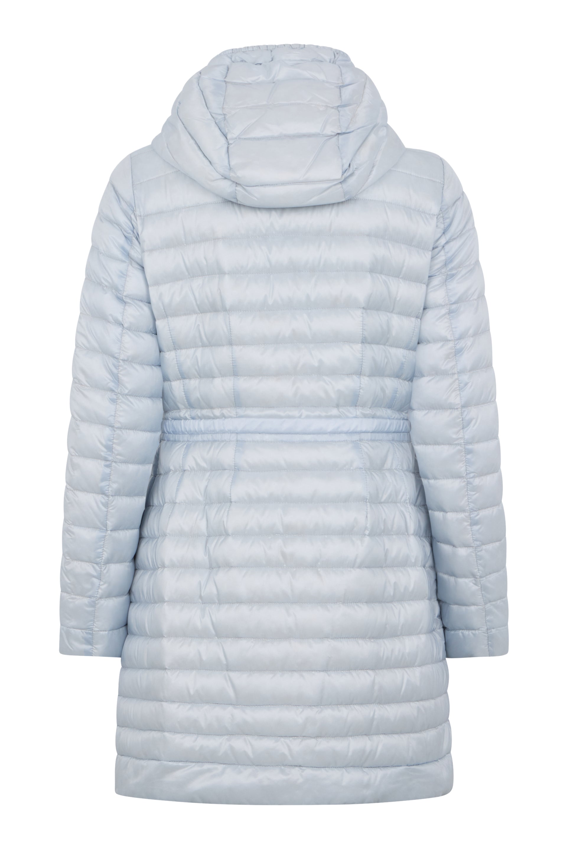 Light blue padded coat with zipper and hood.