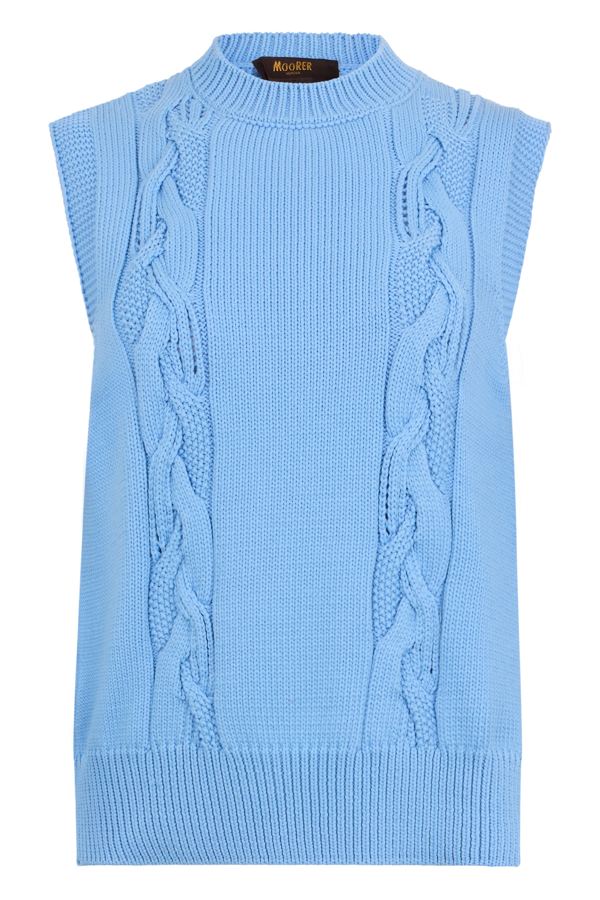 Sleeveless blue vest with intertwined pattern.
