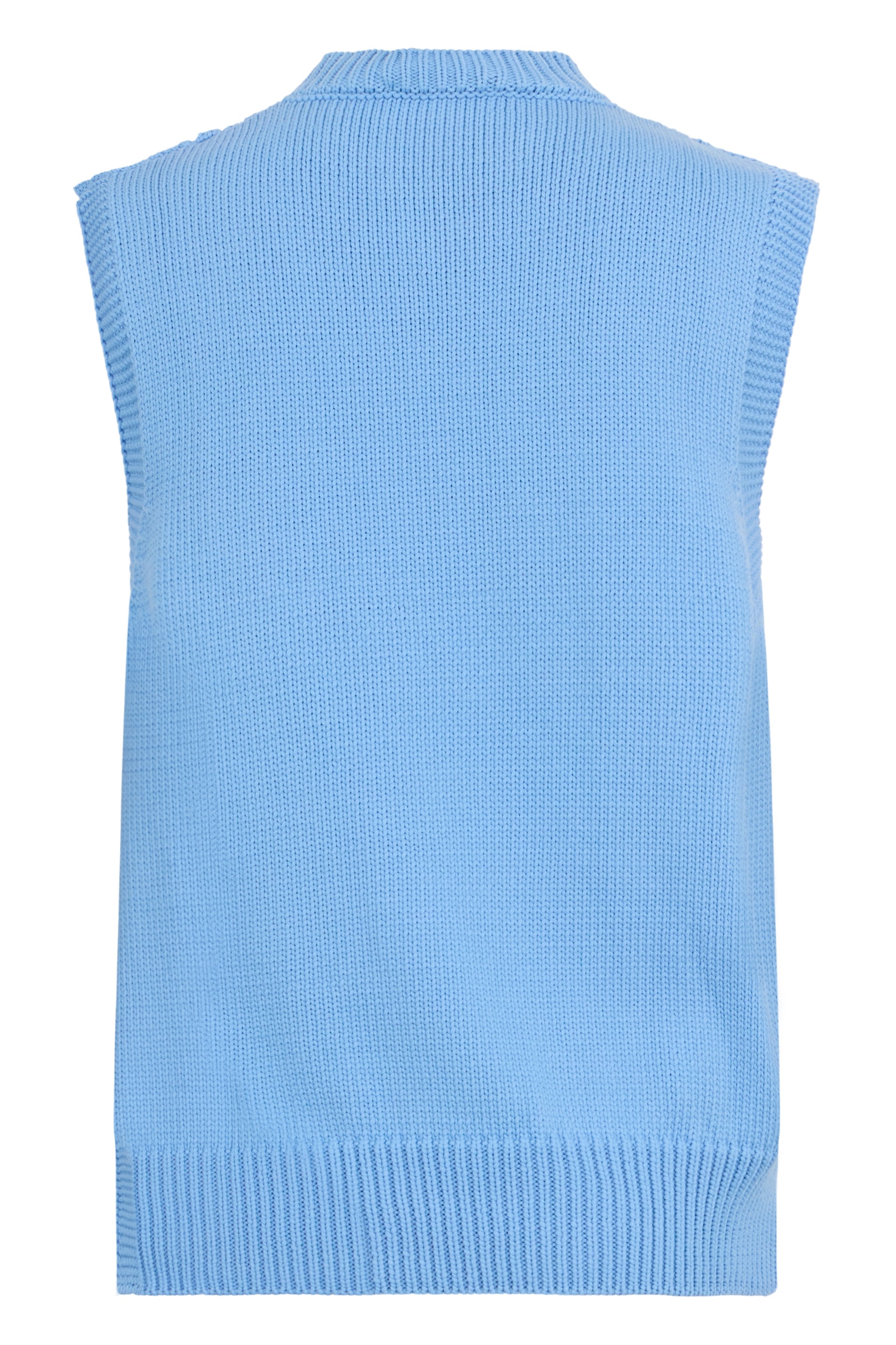 Sleeveless blue vest with intertwined pattern.