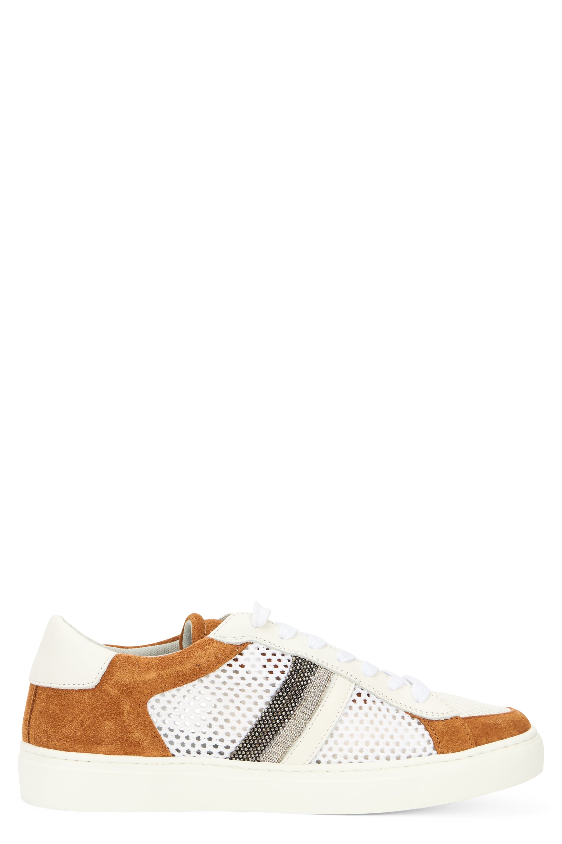 Modern white sports shoe with camel colored details.