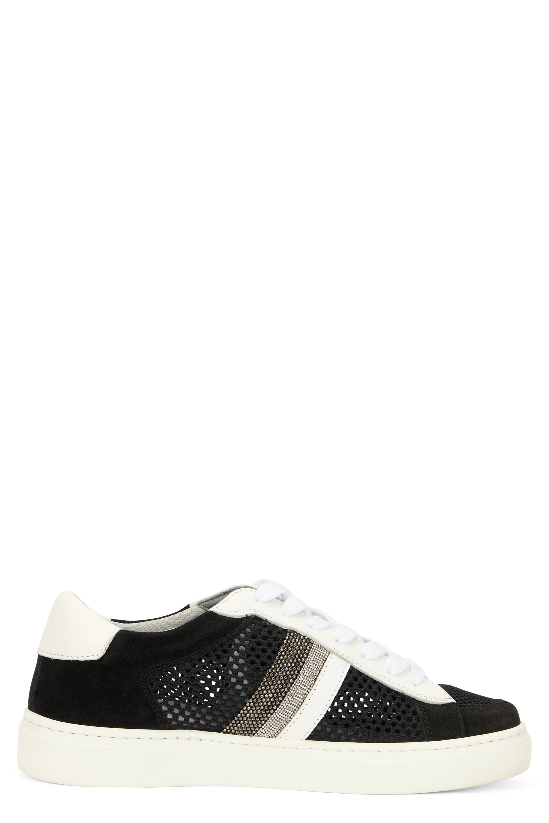 Black sports shoe with white, simple and versatile details.