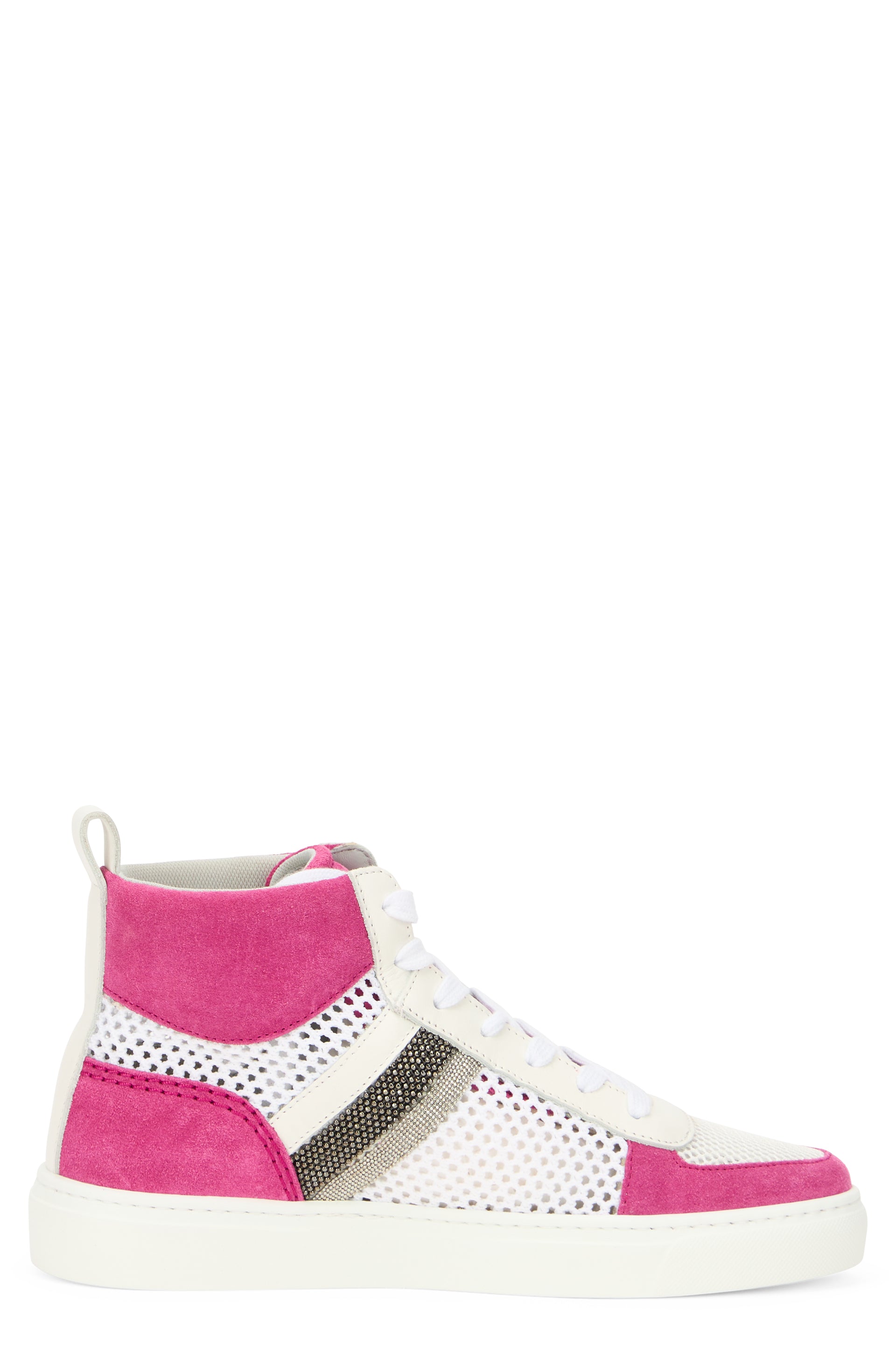 Modern white high sneakers with pink details, versatile and fashionable.